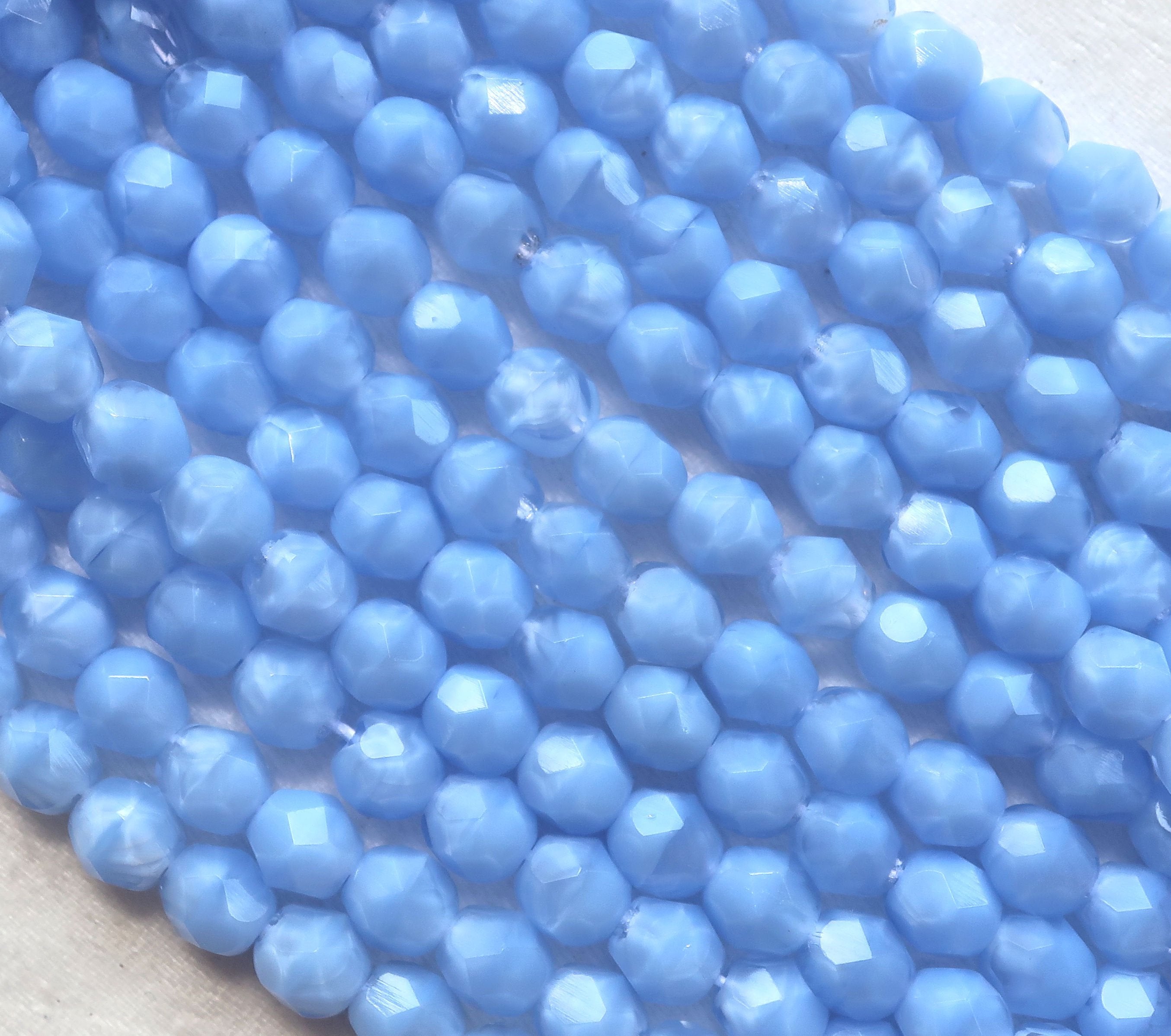 25 6mm Czech glass beads, marbled opaque and transparent light coral blue fire polished faceted round beads C7425