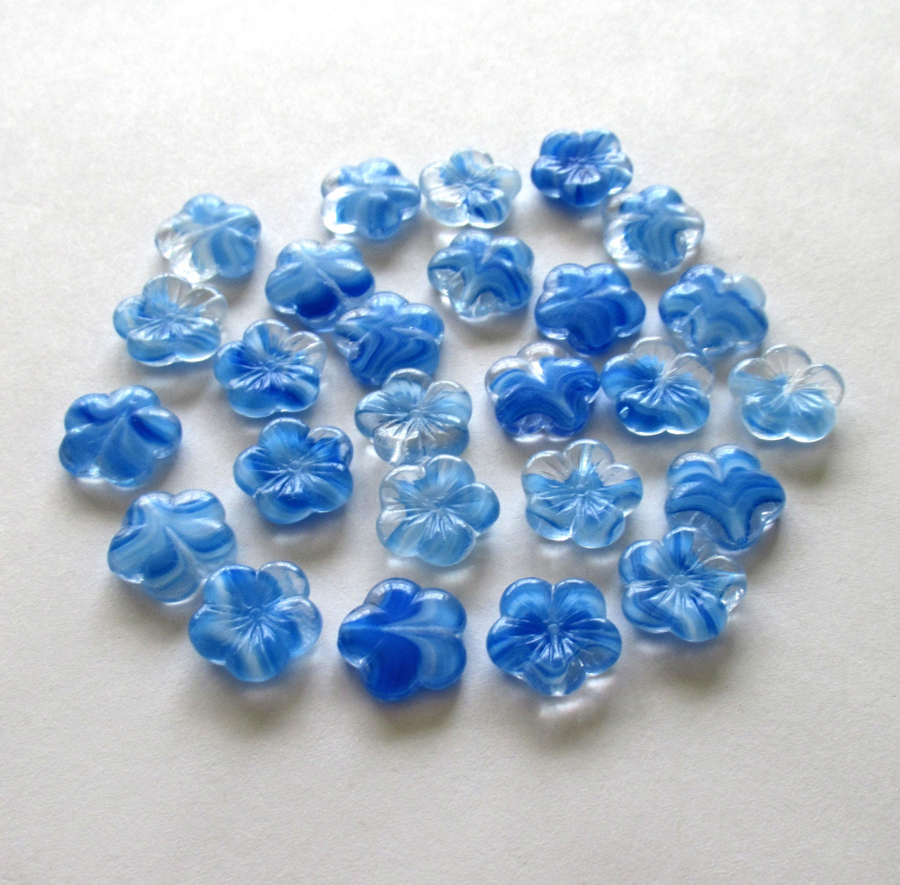 Ten 14mm Czech glass flower beads - marbled blue white and clear glass - pressed floral beads - C0331