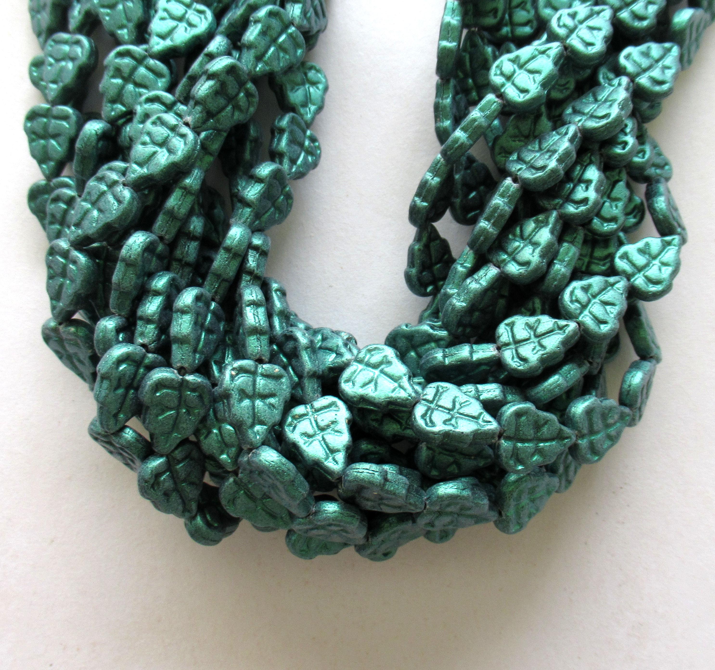 25 Czech glass leaf beads - matte metallic suede leafy green beads - 8 x 10mm leaves - C0076