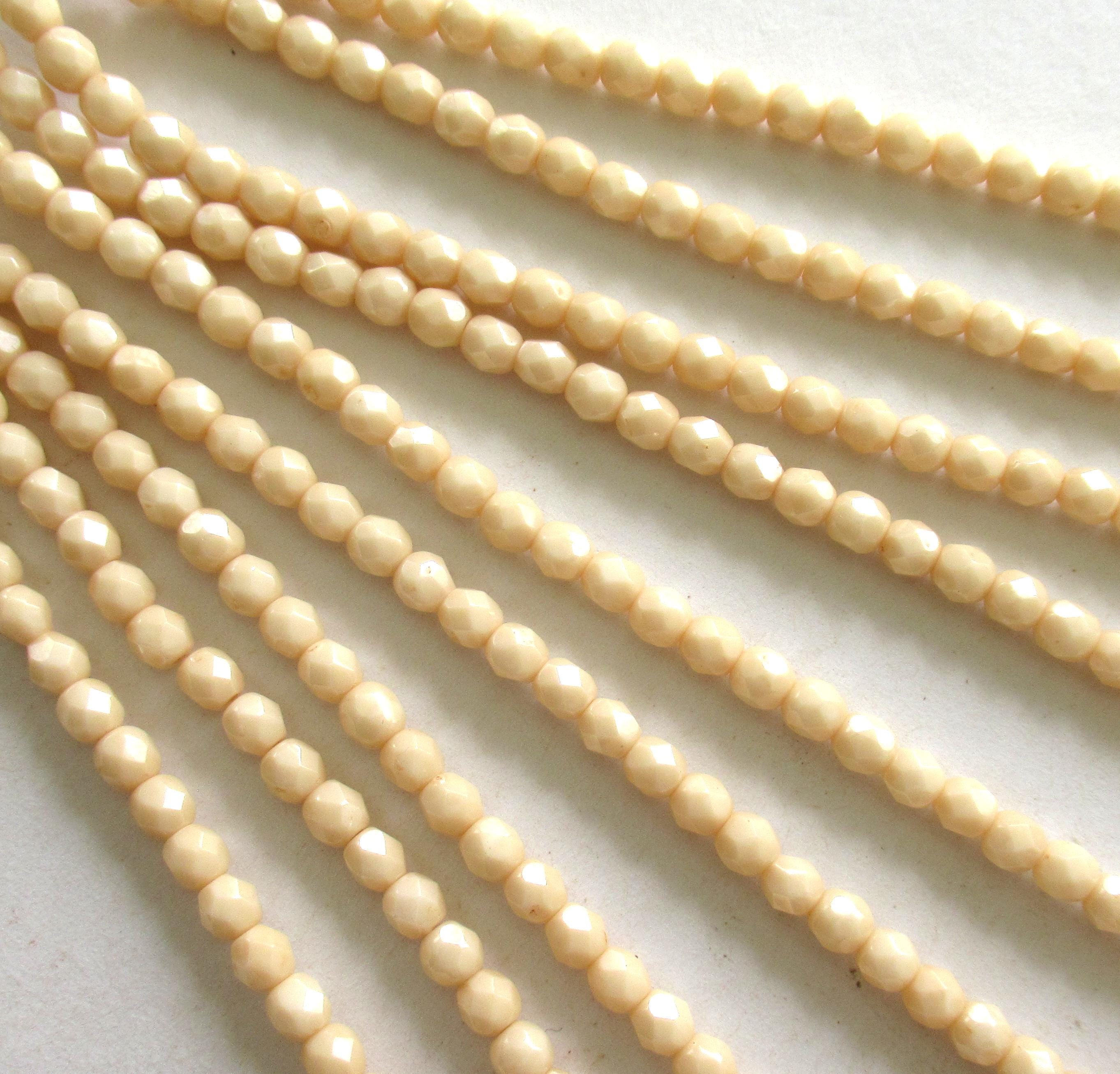 50 4mm Czech glass off white beads - Opaque Luster Champagne - neutral fire polished faceted round beads - C0056