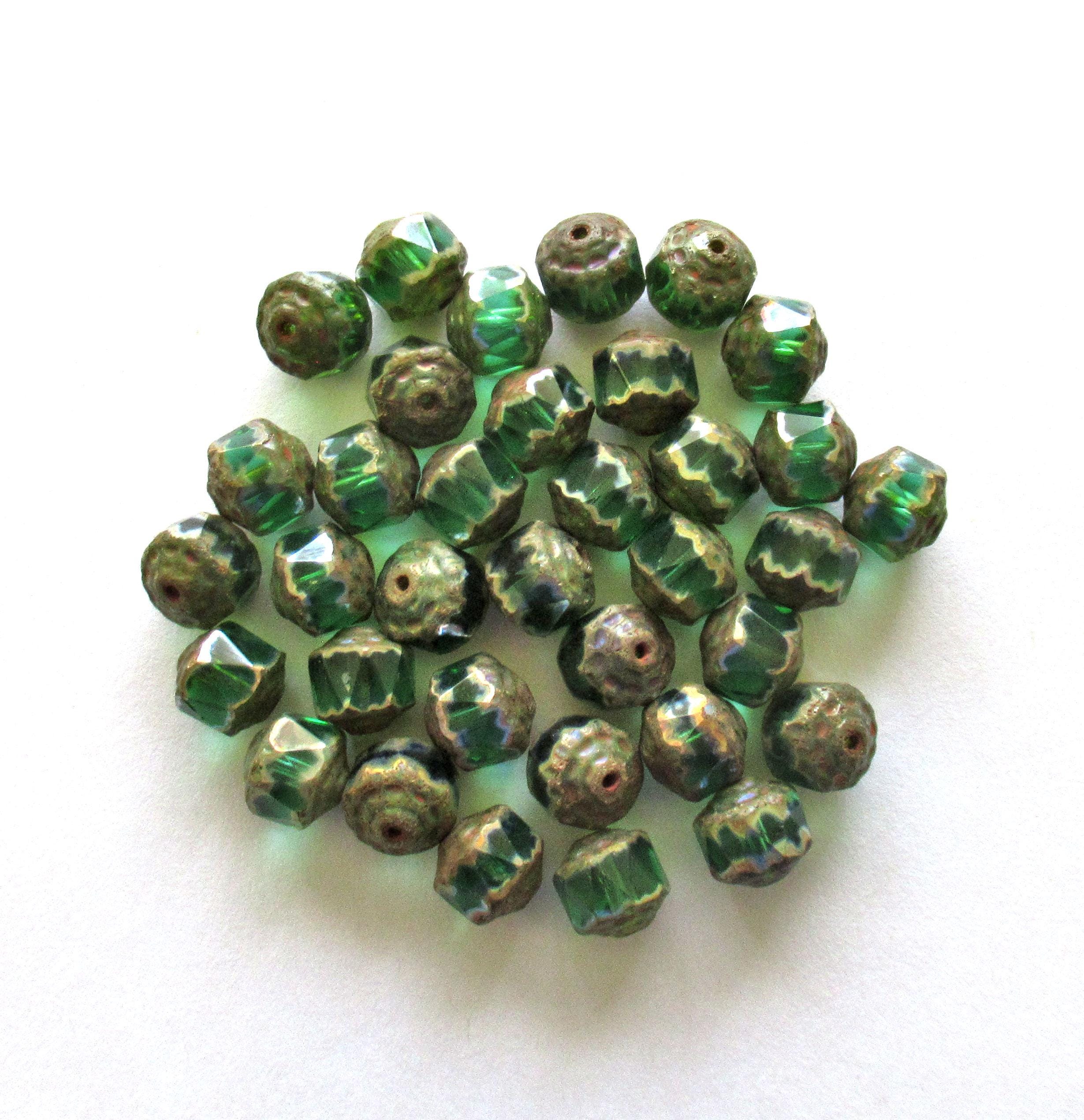 8mm Czech glass cathedral beads - emerald green with picasso accents - faceted fire polished antique cut beads - 15 beads - C00611