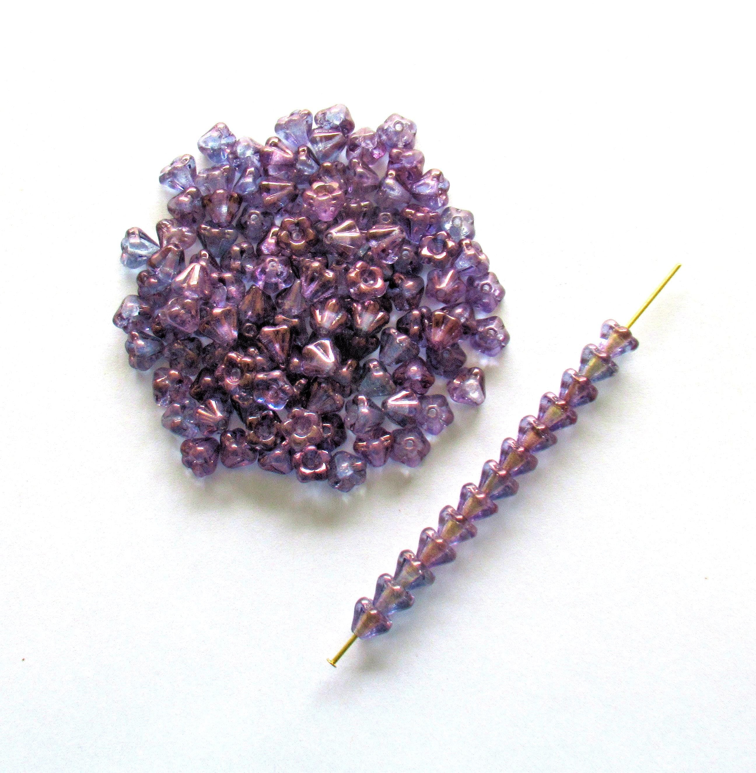 Lot of 50 Czech glass baby Bell Flower beads - 4x 6mm - lumi amethyst / purple pressed glass flower beads - C00201