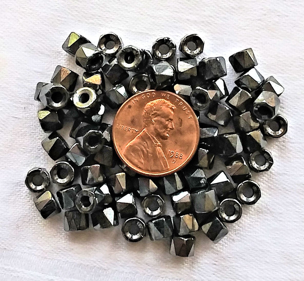 Lot of 50 6mm Czech glass hematite metallic gray faceted pony or roller beads - large hole crow beads C77101