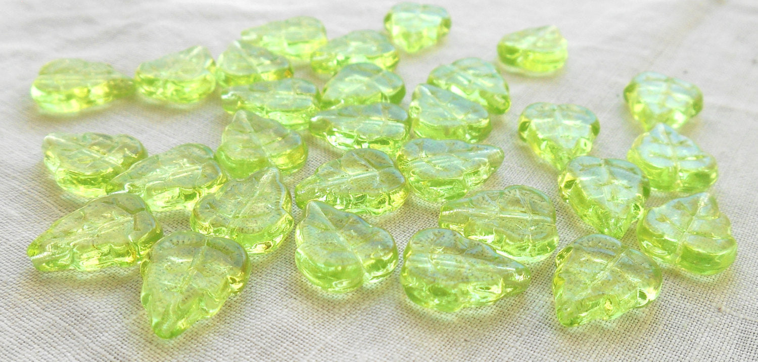 25 Czech glass birch leaf beads - Light Peridot Lime Green - 12 x 10mm - large center drilled leaves - C6801