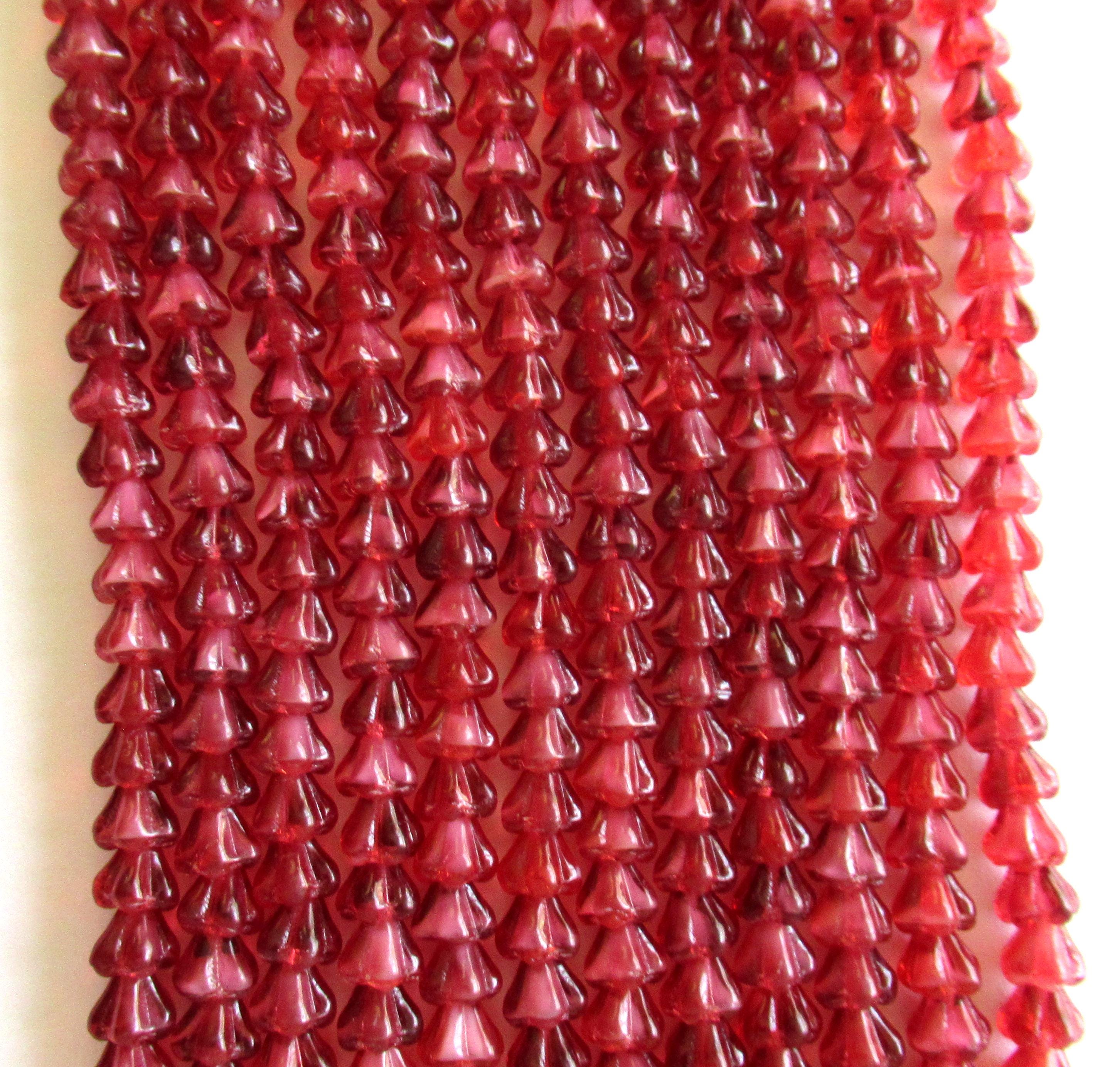 50 6mm x 4mm Czech glass baby bell flower beads - Pearl Fuchsia - dark raspberry pink beads with white hearts - pressed glass beads - C00611