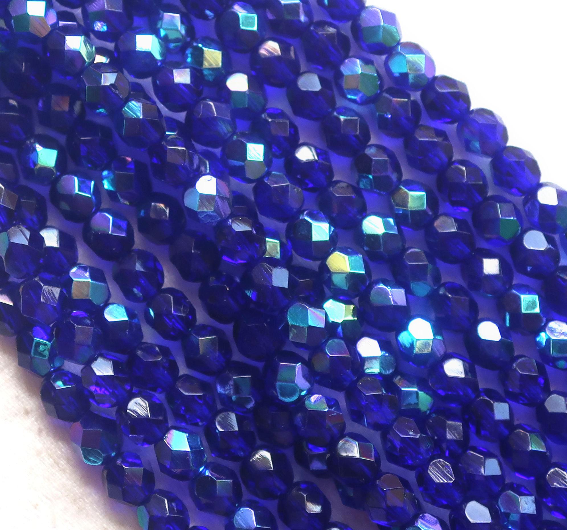 Lot of 25 6mm Czech glass beads, cobalt blue AB fire polished faceted round beads C7525