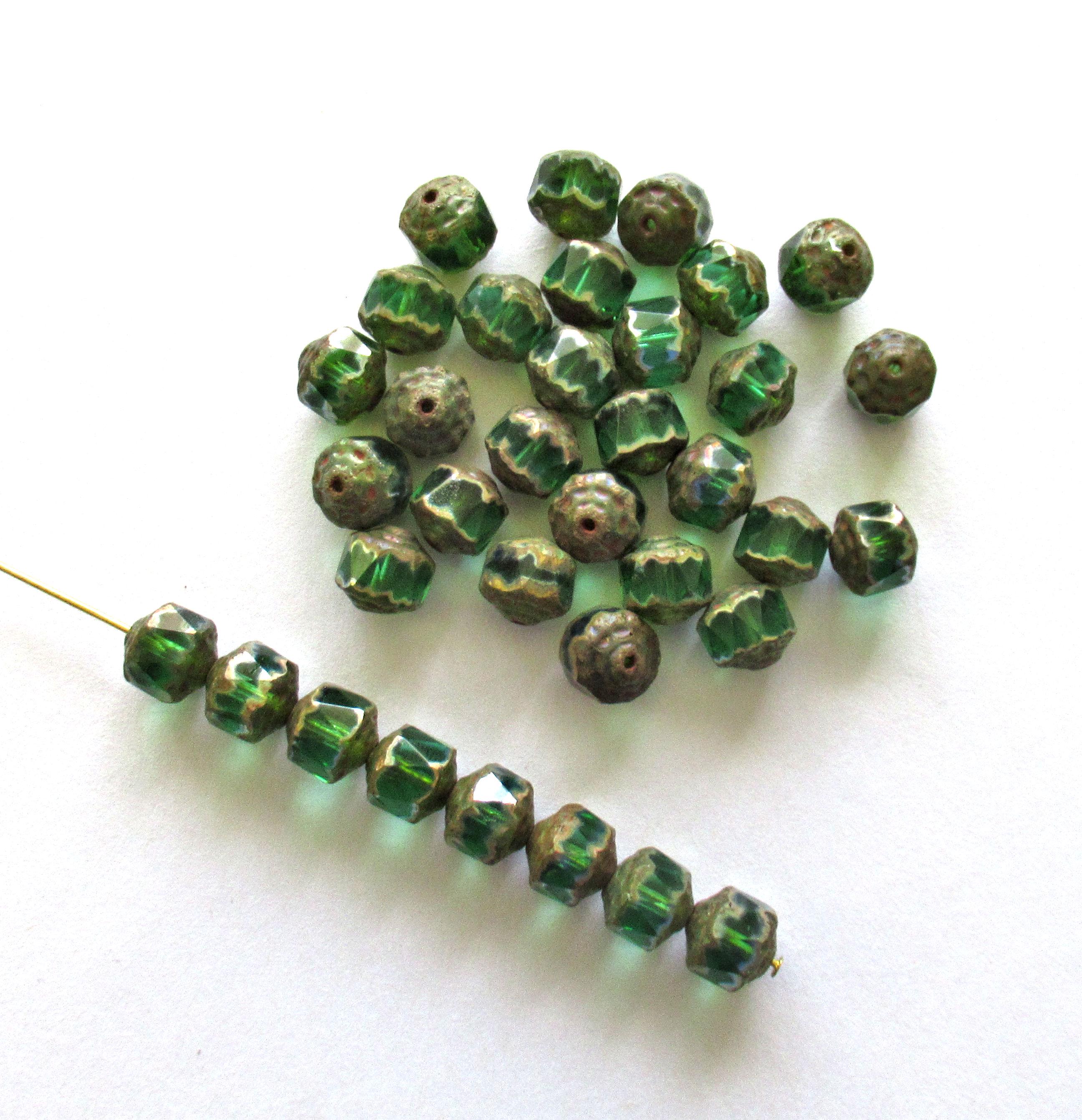 8mm Czech glass cathedral beads - emerald green with picasso accents - faceted fire polished antique cut beads - 15 beads - C00611
