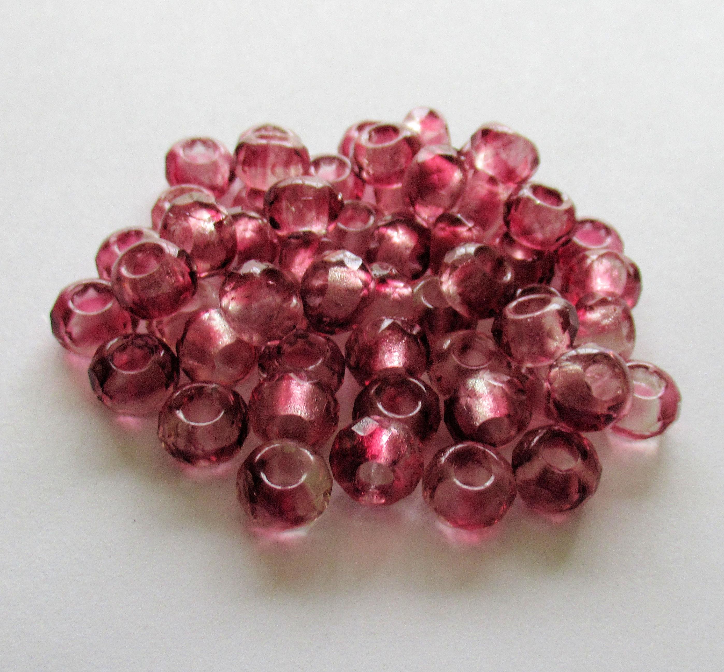 Ten Czech glass faceted roller beads - 9mm x 6mm - pink and crystal clear marbled tyre beads - big 3.38mm hole beads - C1901