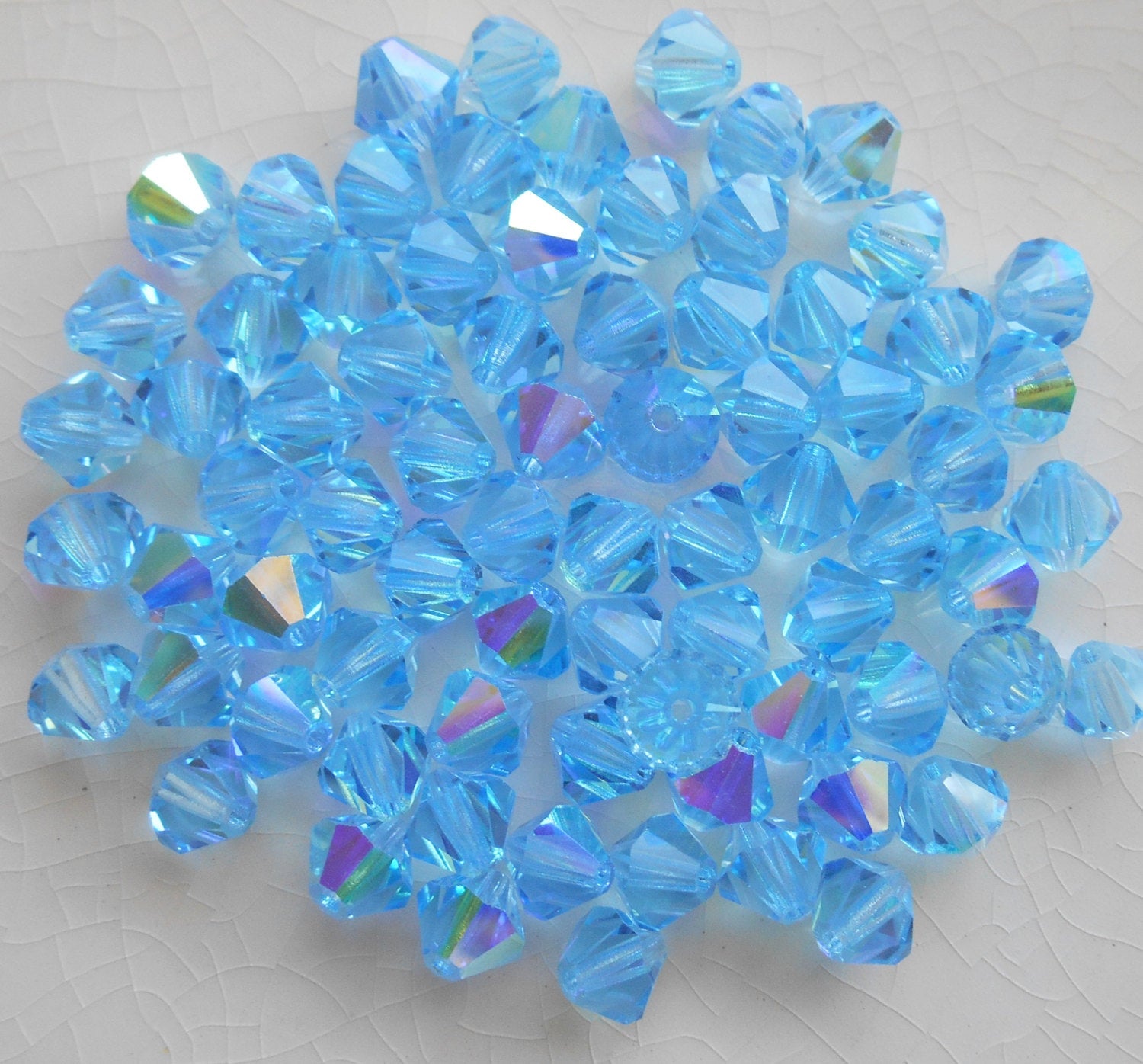 Lot of 24 6mm Aqua, Aquamarine AB Czech Preciosa Crystal bicone beads, faceted glass blue AB bicones C50101
