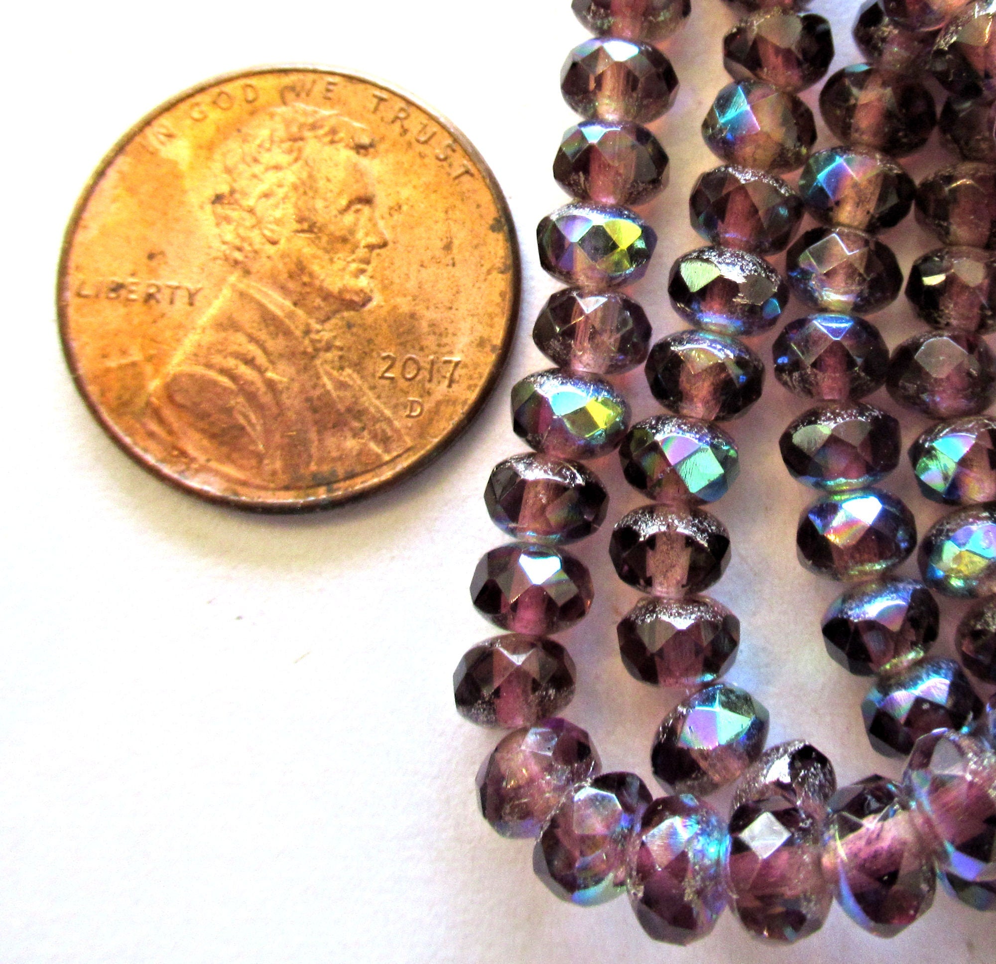 30 small Czech glass puffy rondelle beads - purple or amethyst ab - 3mm x 5mm - faceted fire polished rondelles - 00041