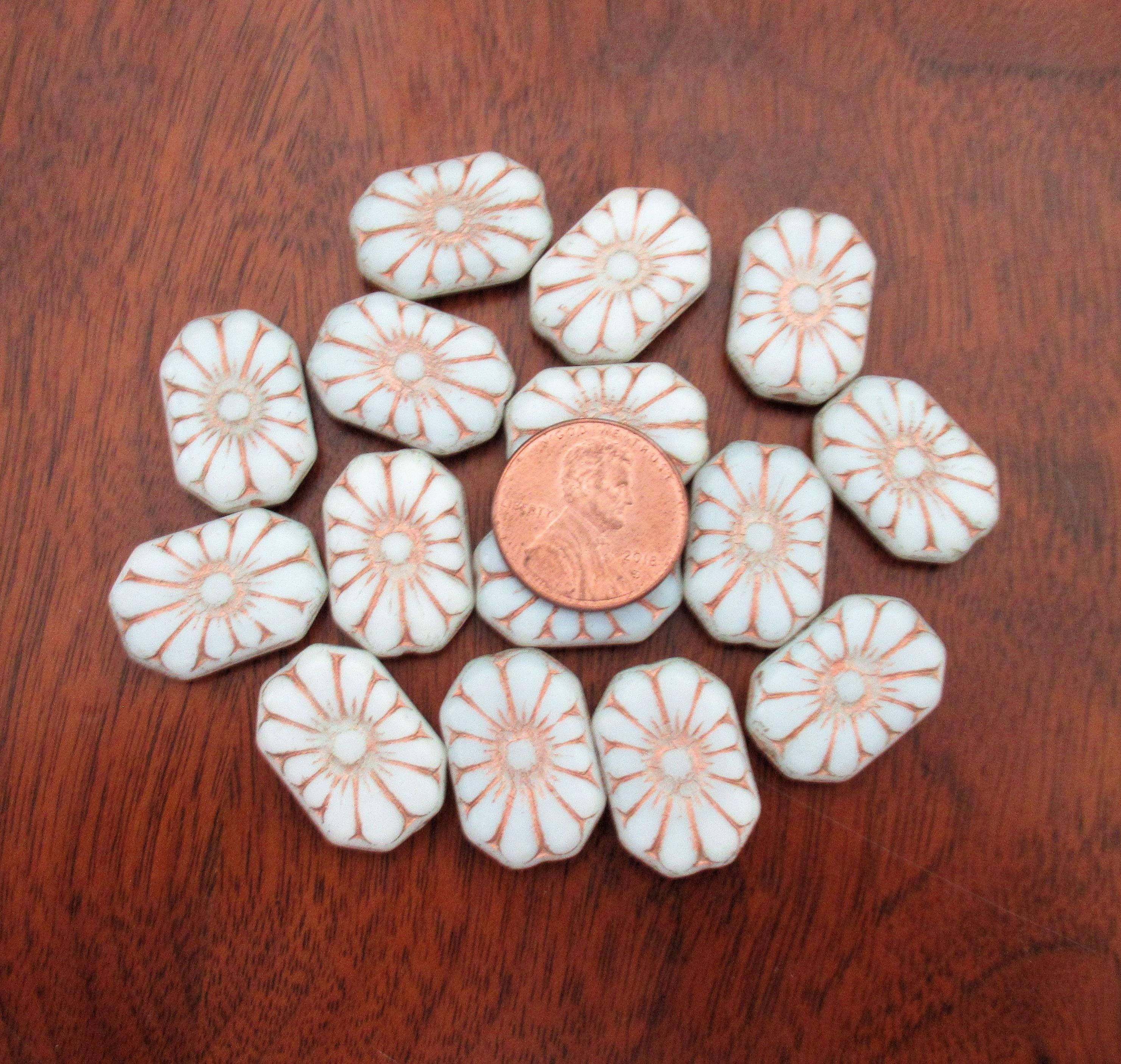 Five large Czech glass flower beads - opaque white rectangle beads with gold accents - focal or statement beads - 19 x 14mm - C00011