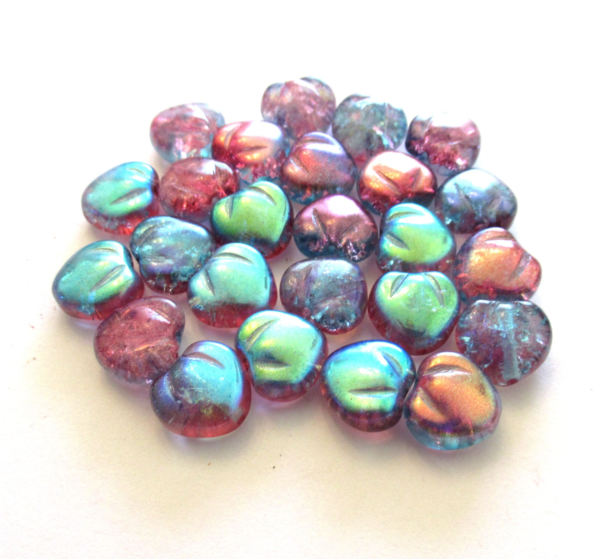 Lot of 10 Czech glass heart beads - 11mm pink crackle glass hearts with a pink and blue ab finish - C0049
