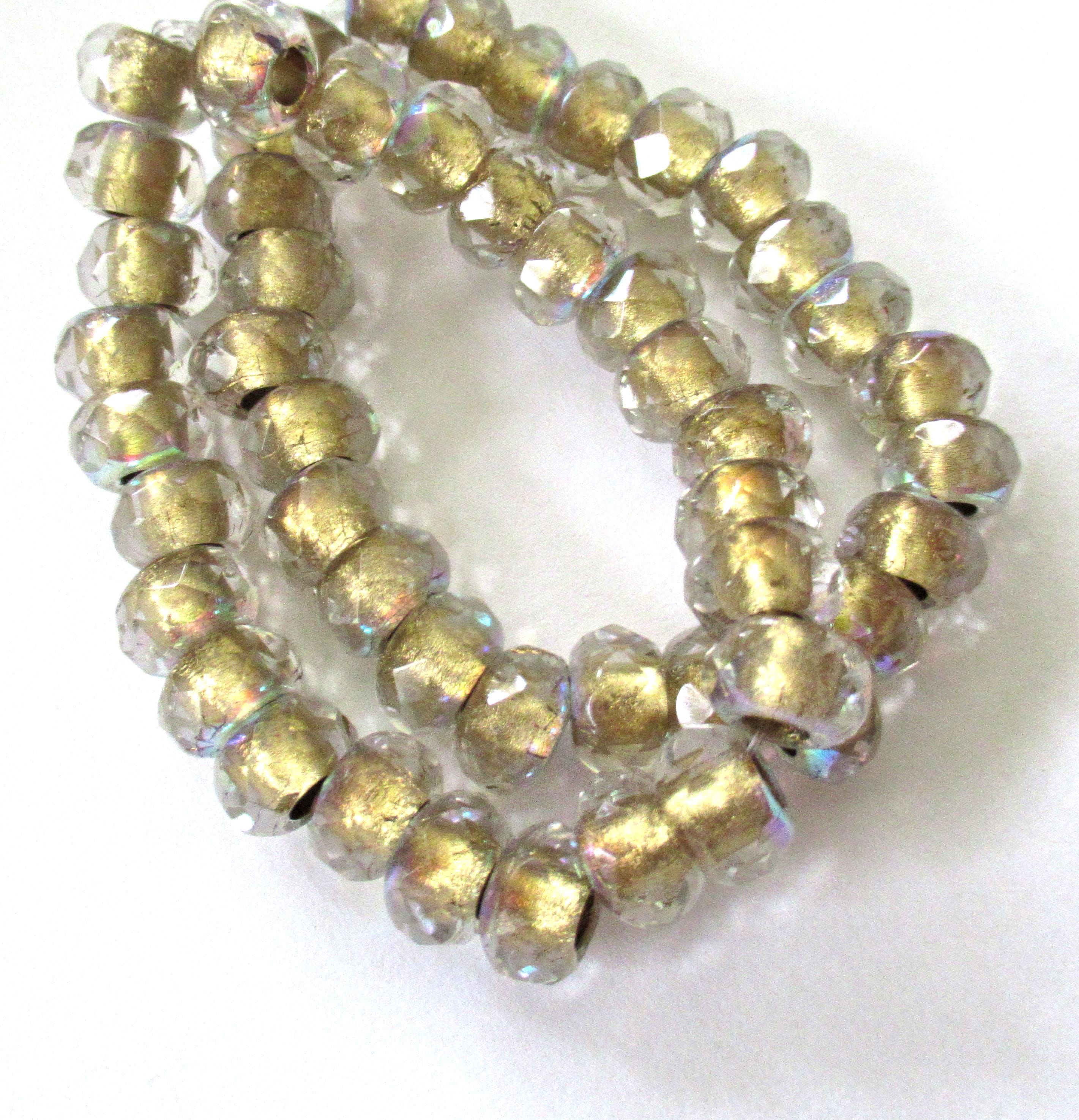 Ten Czech glass faceted roller beads - 9 x 6mm - crystal clear ab gold lined beads - tyre beads - big 3mm big hole beads C00011
