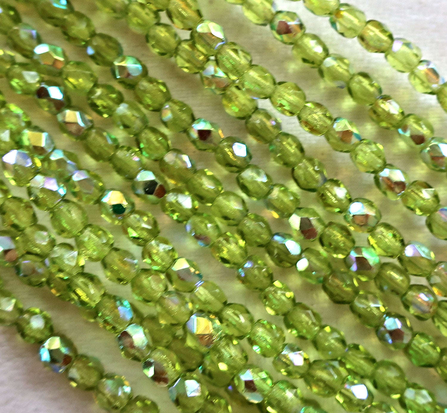 Lot of 50 3mm Olive, Olivine Green AB Czech glass beads, fire polished, faceted round beads C7401