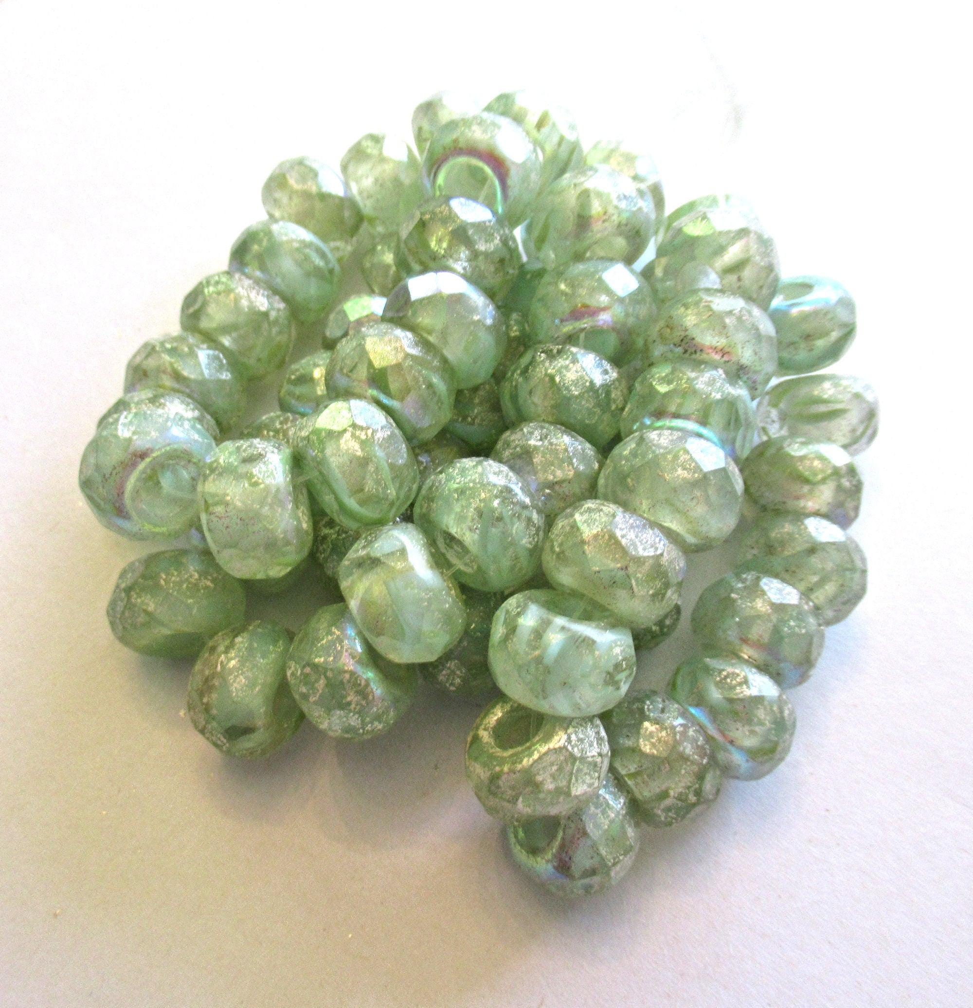 Five 12 x 8mm faceted Czech glass roller or rondelle beads - etched honeydew green ab w/ silver - big 5mm holes - big hole focal beads 00261