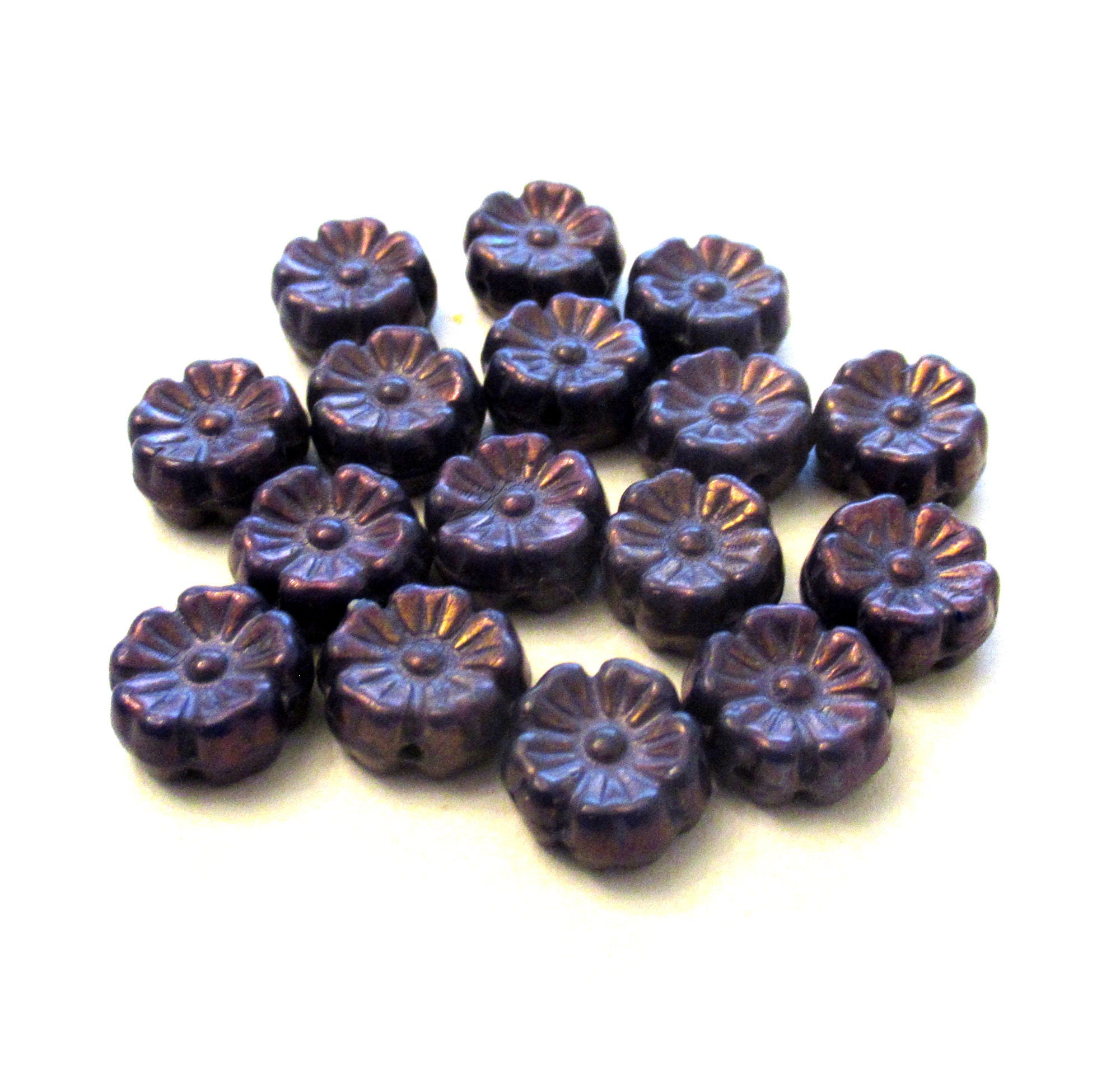 Lot of 16 9mm Czech glass flower beads - dark amethyst or purple w/ bronze luster finish - Hawaiian hibiscus flower beads C00041