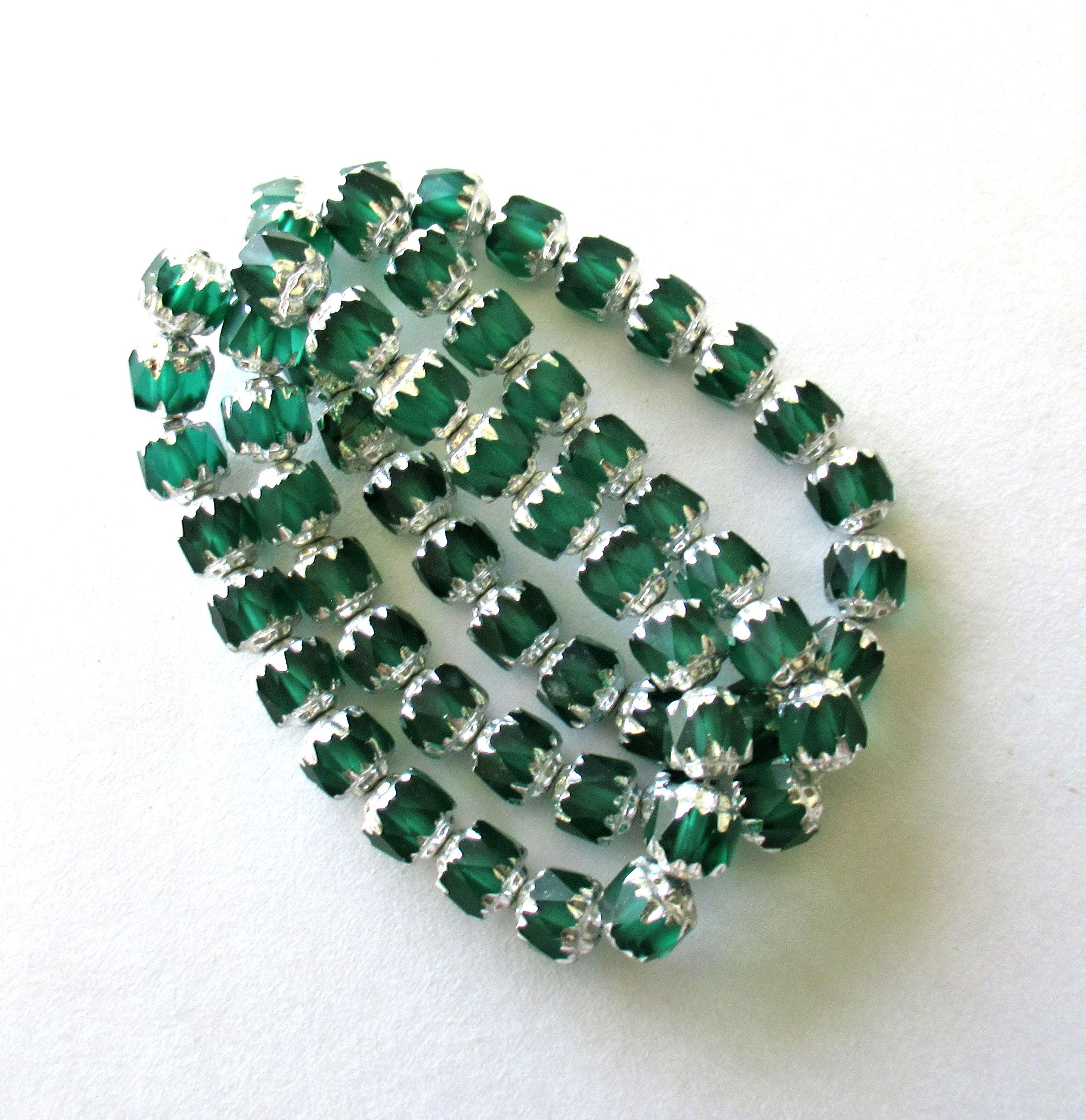 20 6mm Czech glass cathedral beads - emerald green w/ silver picasso accents - faceted fire polished antique cut beads C00611