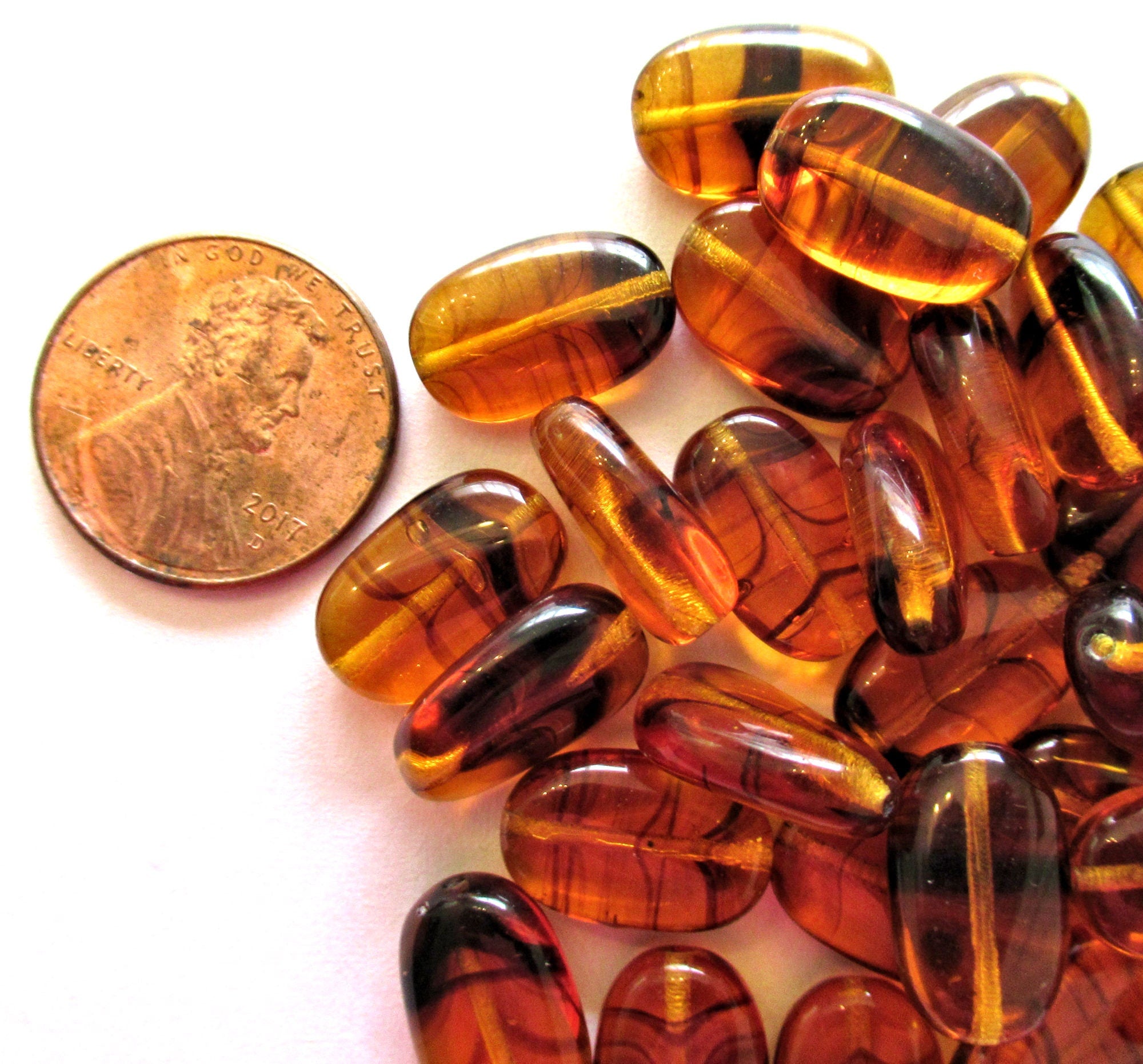 Lot of 15 slightly twisted oval Czech glass beads - 14mm x 8mm tortoise - tortoiseshell - pressed glass beads C0089