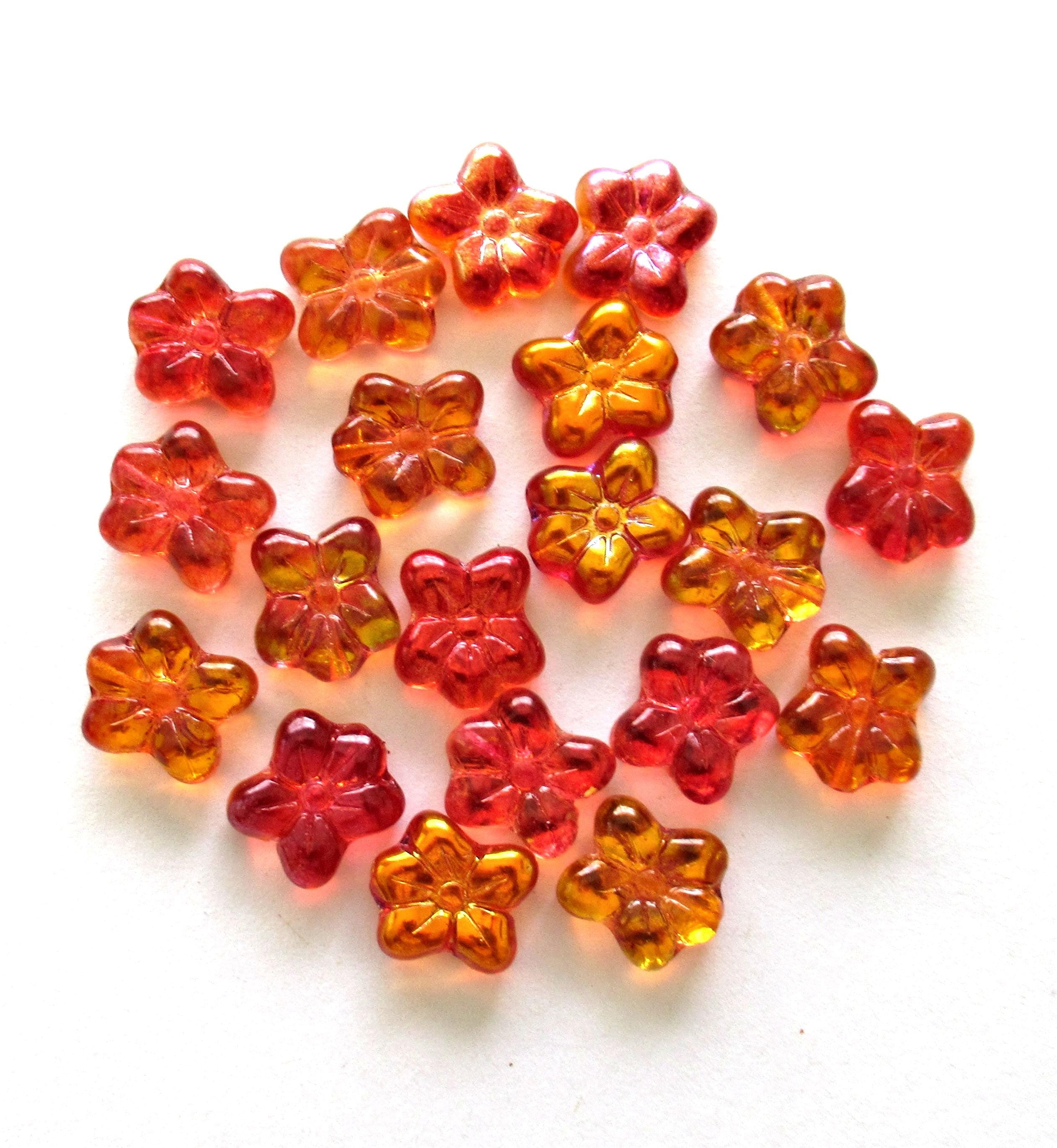 Czech glass flower beads - fire opal / orange ab - asymmetrical pressed glass flowers - 14 X 12mm - ten pieces - 02101