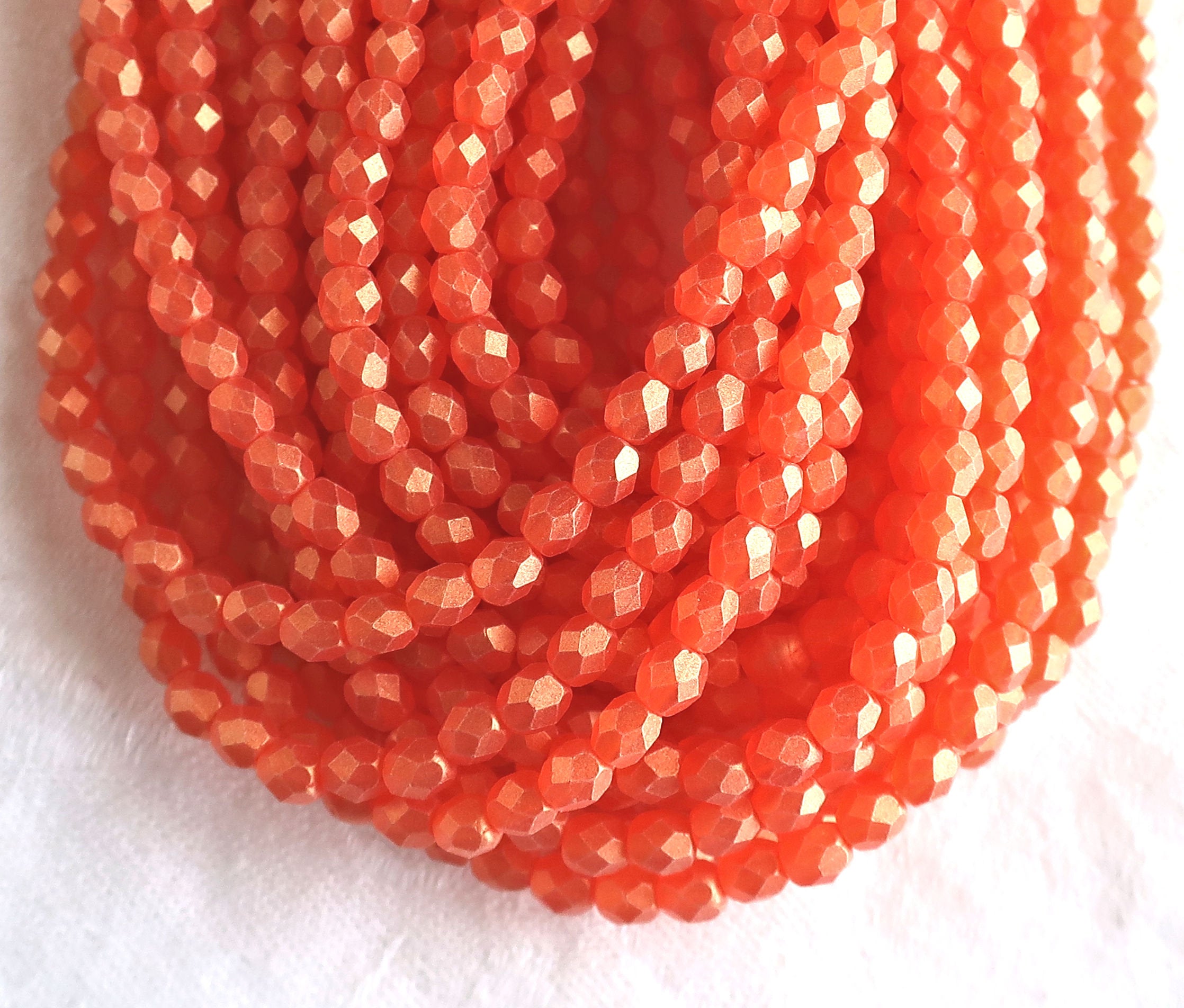 Lot of 50 4mm Czech glass beads, bright orange, sueded gold hyacinth faceted fire polished beads 9601