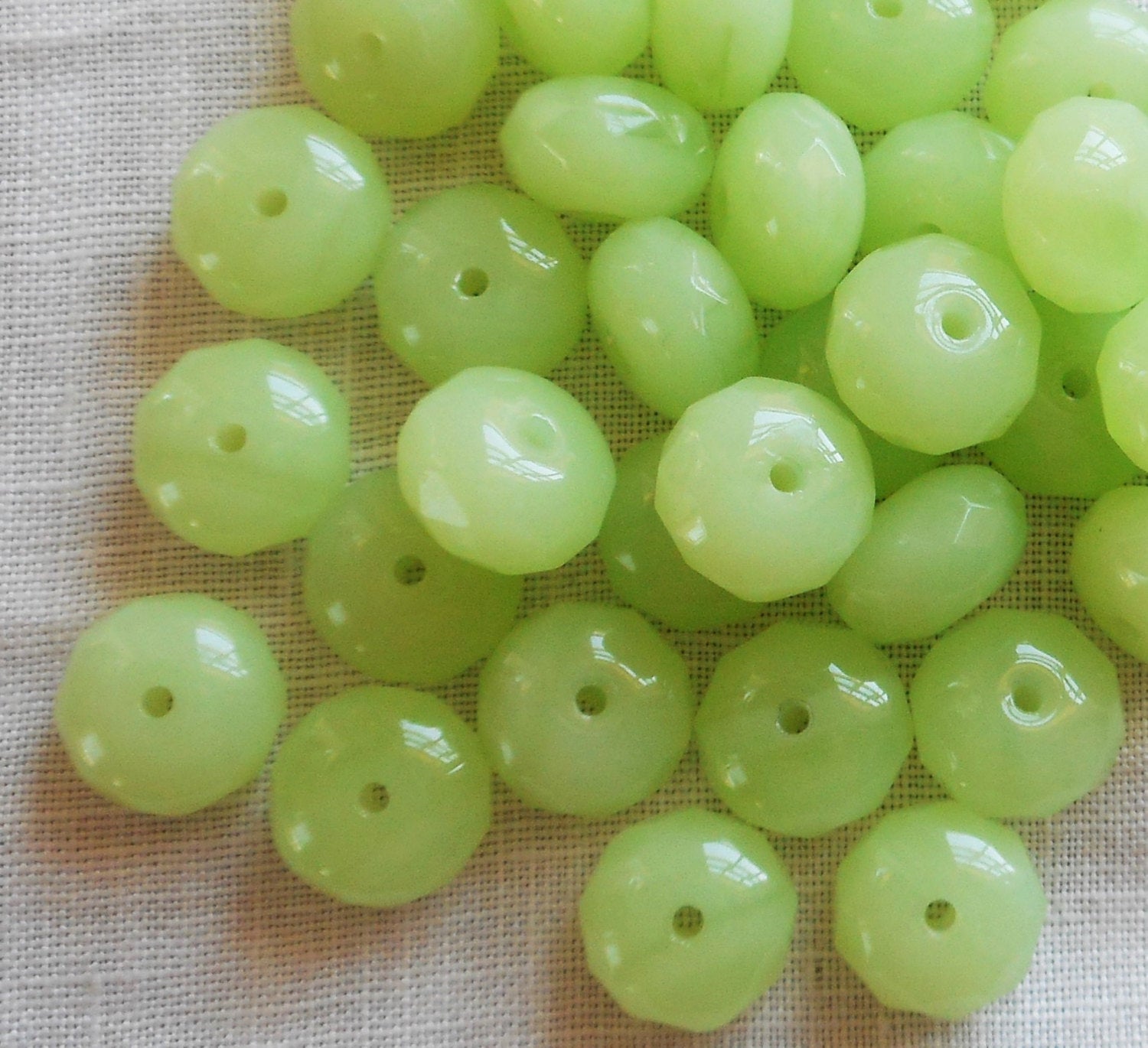 Lot of 25 Opaque Milky Mint Green Opal, Jadite, faceted puffy rondelle beads, 6 x 9mm green Czech glass rondelles C00171
