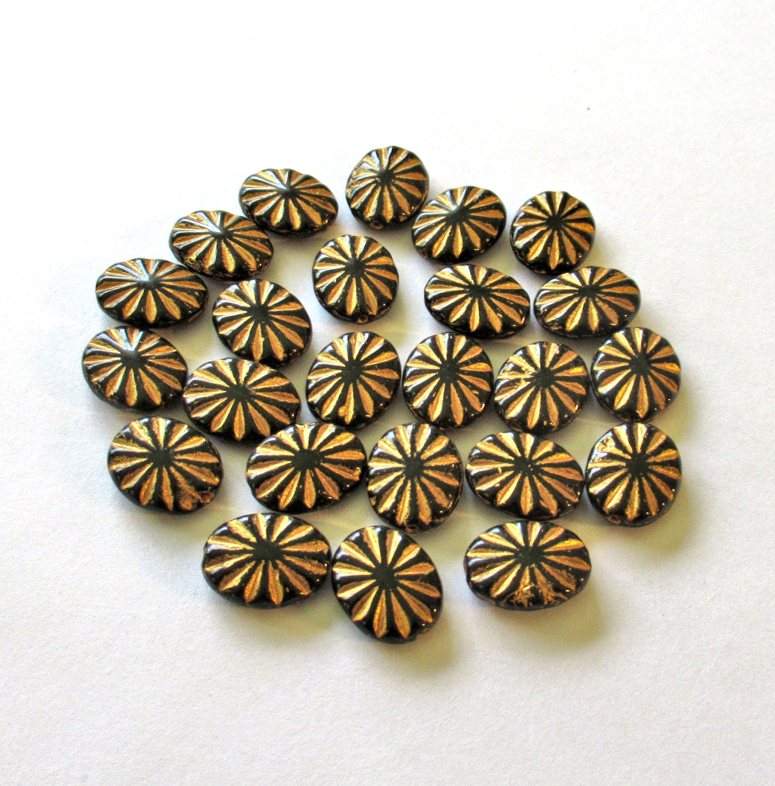Czech glass oval beads - black beads with a gold wash - 14mm x 11mm - sun burst pressed glass beads - 8 beads - C0431