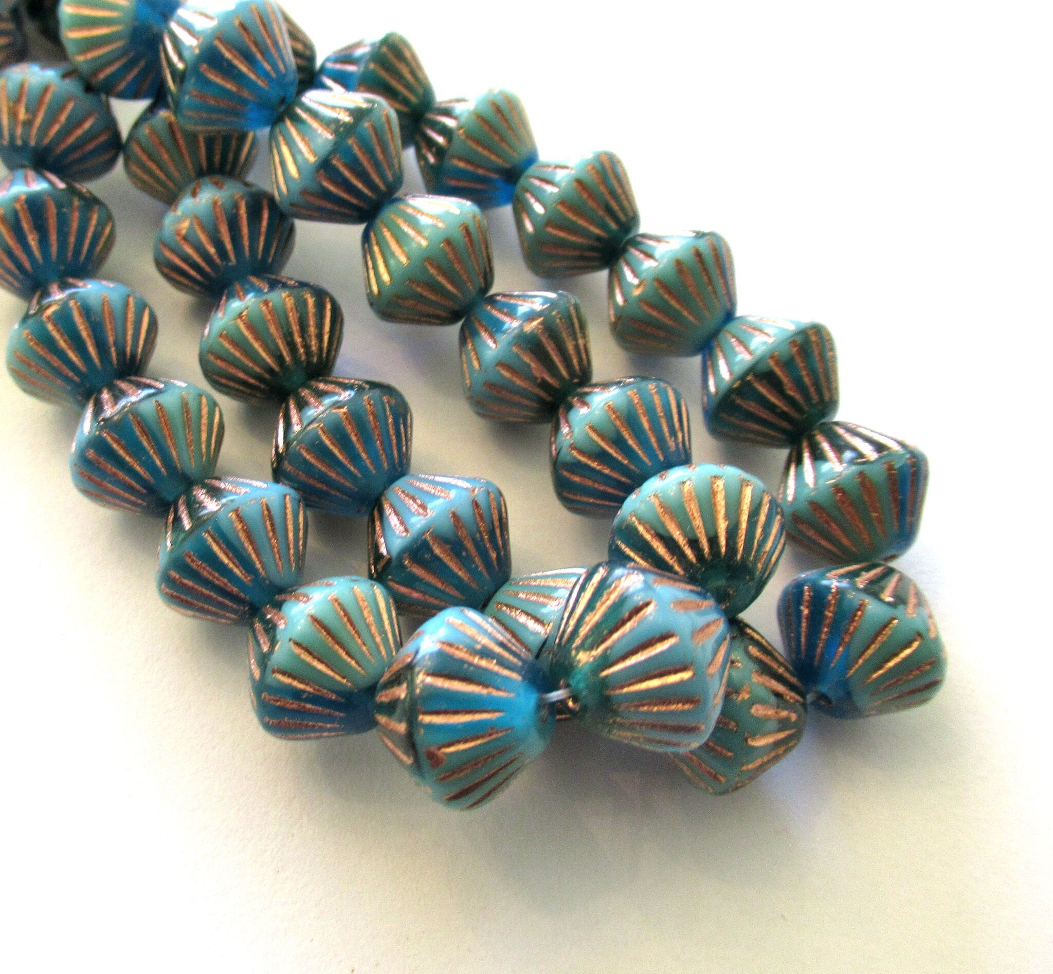 Five 11mm x 10mm chunky rustic Czech glass bicones - opaque and transparent blue & green w/ bronze accents carved bicone beads- C0045