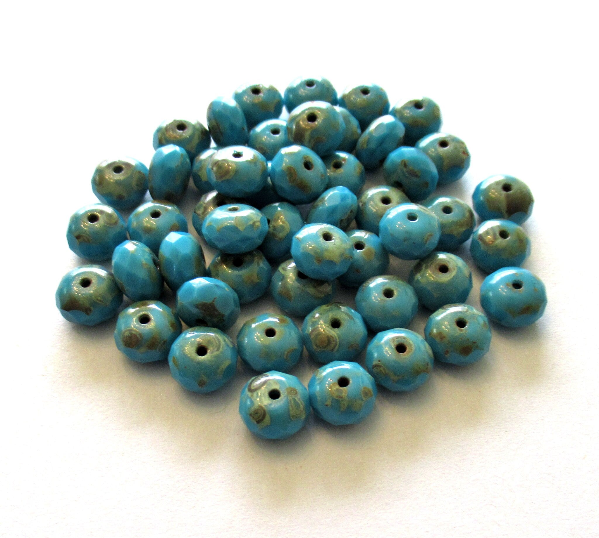 25 6 x 9mm Czech glass puffy rondelle beads - bright turquoise blue picasso faceted, fire polished beads C00522