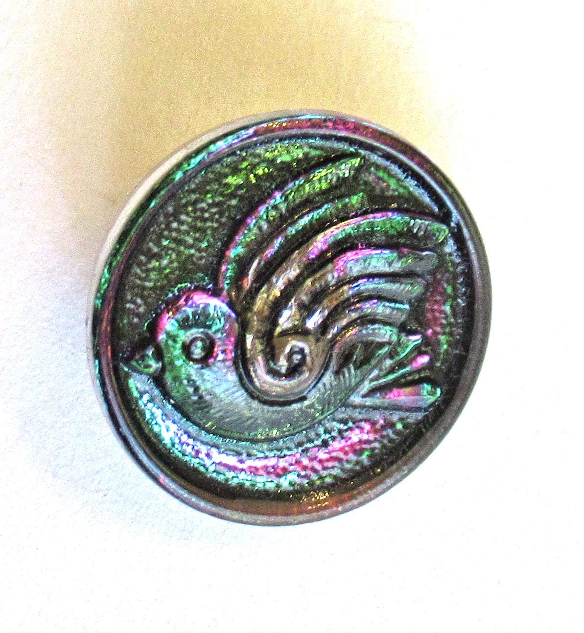 One 18mm Czech glass bird button - iridescent green with pink - art glass decorative shank button 000052