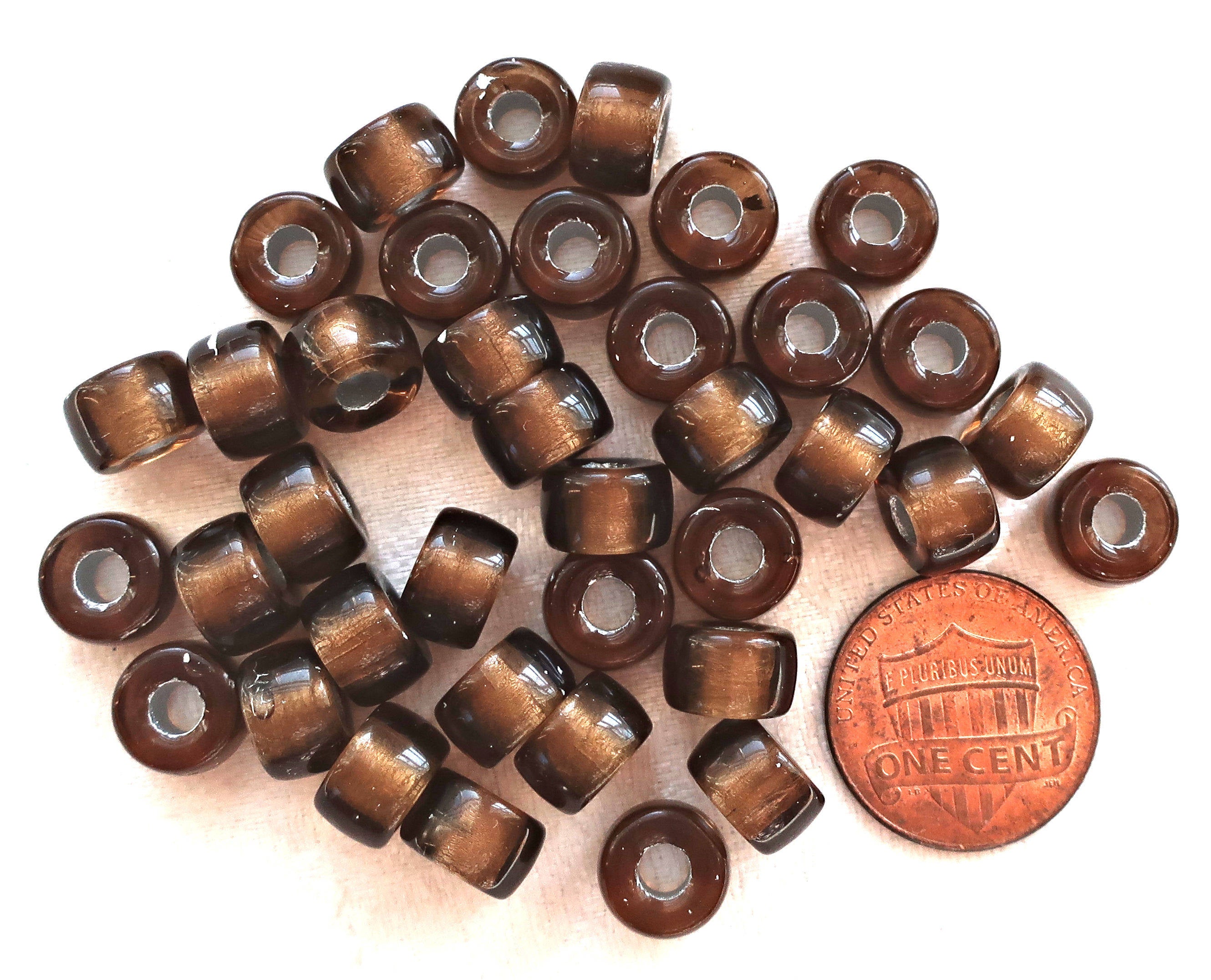 Lot of 25 9mm Smoky Topaz, Brown, Silver Lined Czech glass pony beads, roller or crow beads with large big 3mm holes C0087