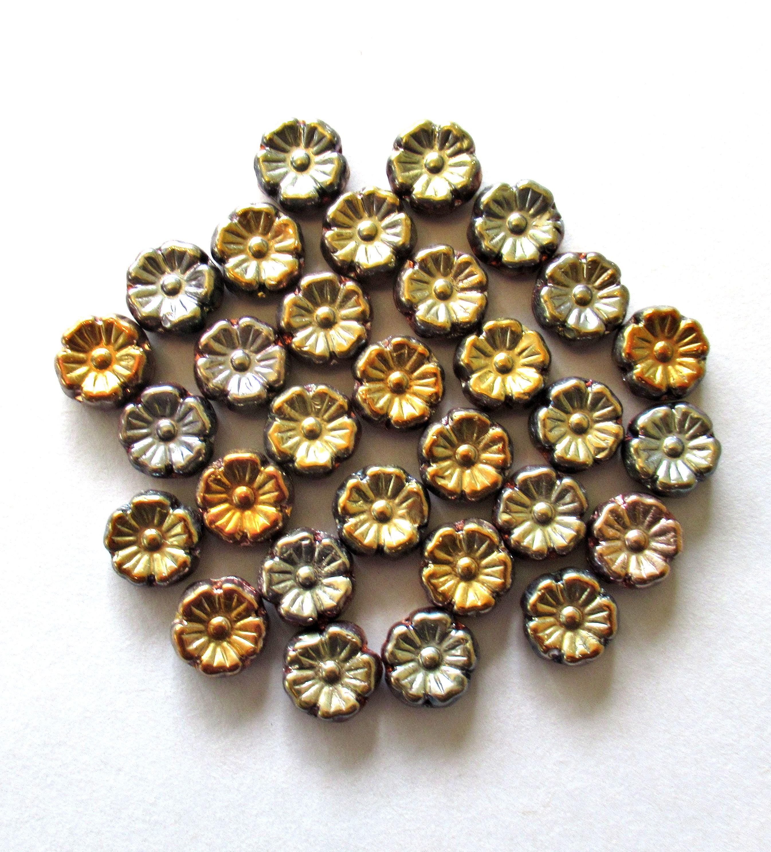 Fifteen 10mm Czech glass flower beads - neutral multicolored metallic beads - pressed glass Hawaiian hibiscus flower beads - C00121