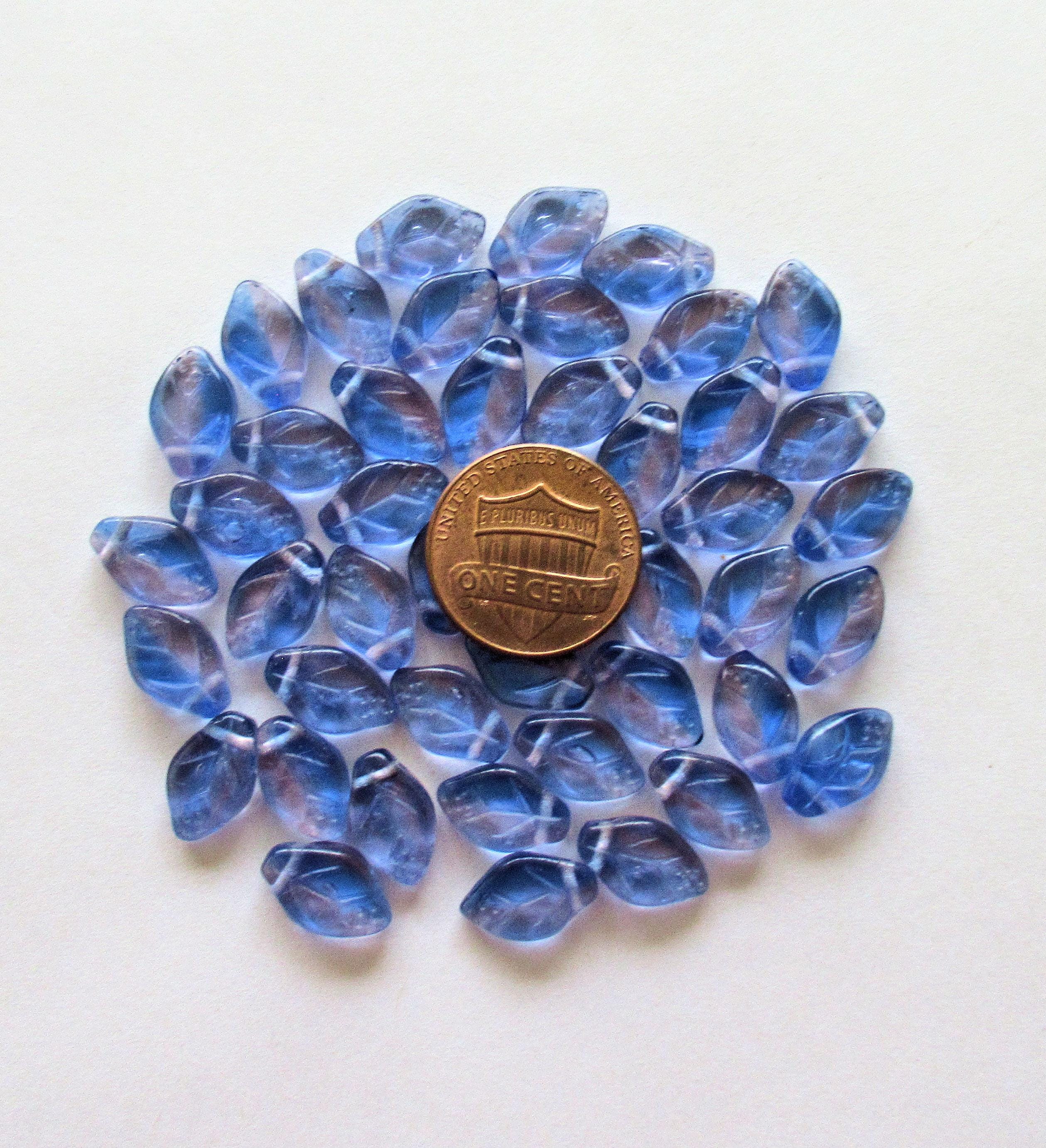 25 Czech glass leaf beads bright -light blue & purple marbled mix - 12 x 8mm - side drilled leaves - C00501