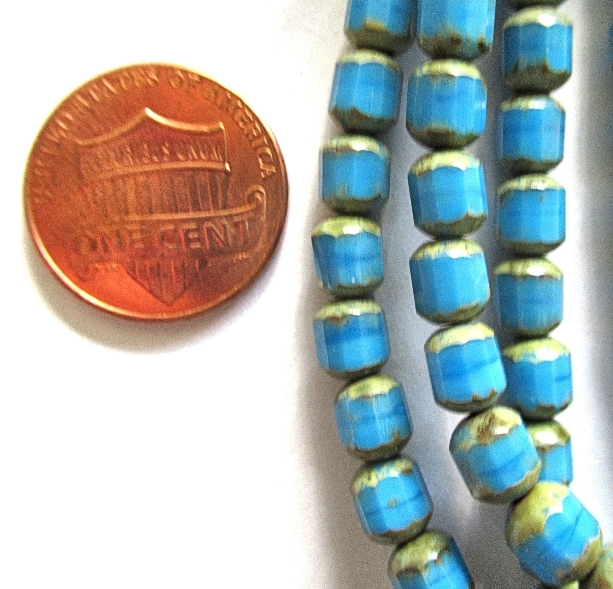 40 Czech glass faceted cathedral or barrel beads - 5mm opaque marbled turquoise blue beads w/ picasso finish on the ends C00441