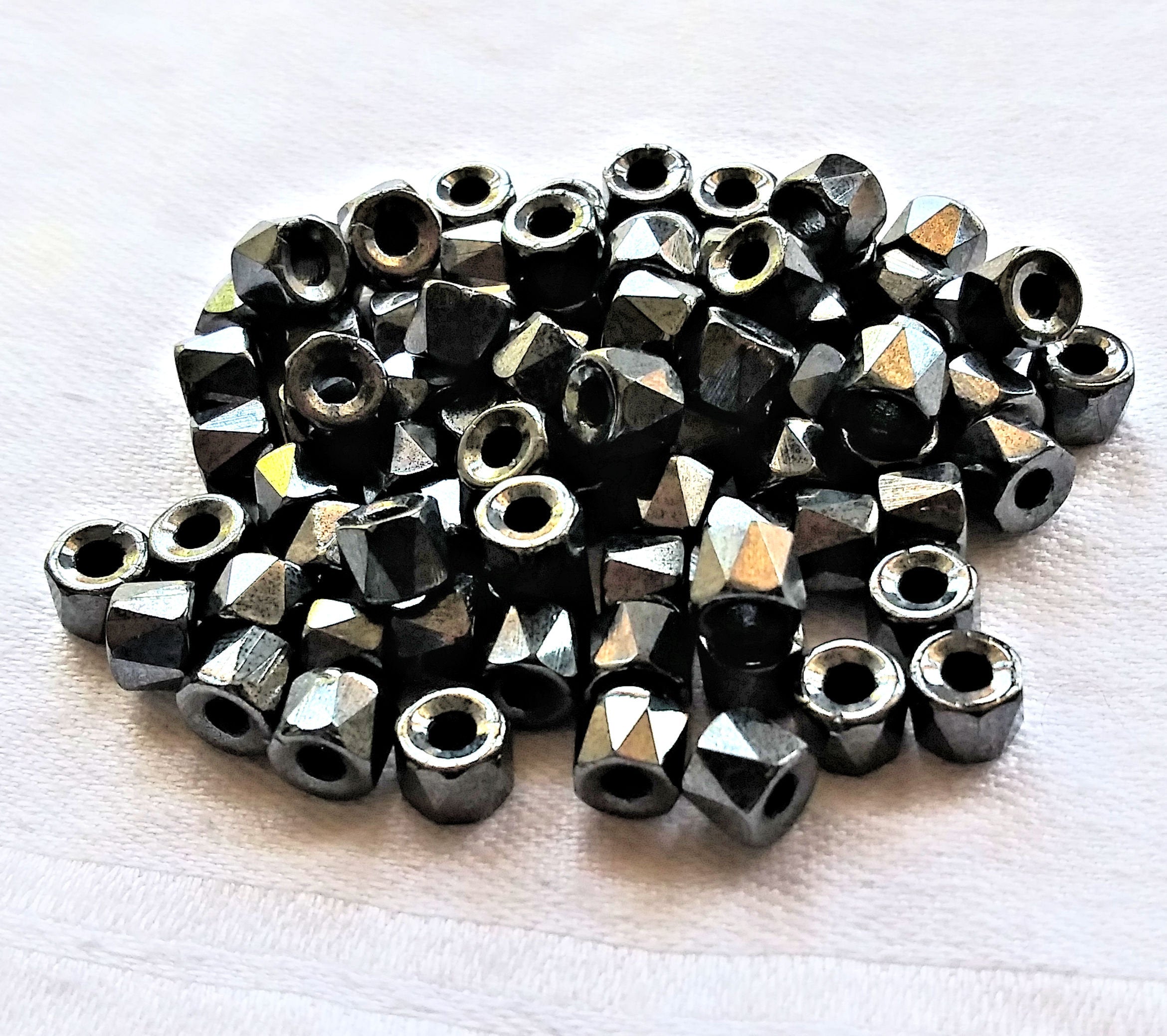 Lot of 50 6mm Czech glass hematite metallic gray faceted pony or roller beads - large hole crow beads C77101