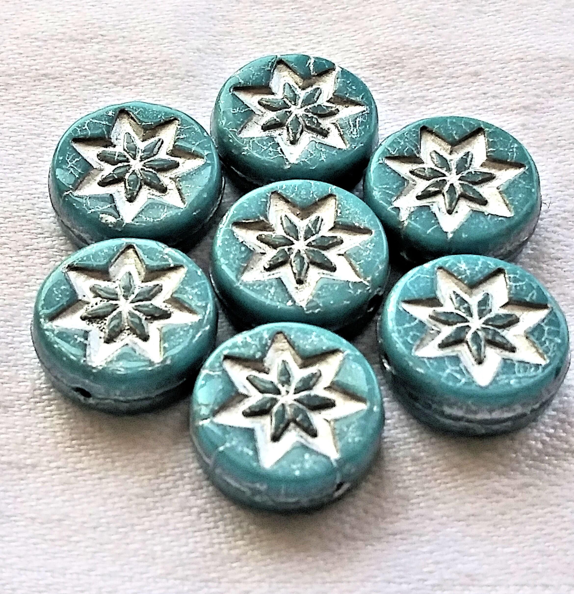 Ten 13mm coin or disc flower beads - opaque arctic blue with a silver wash - Czech glass star beads - 4.5mm thick C08201