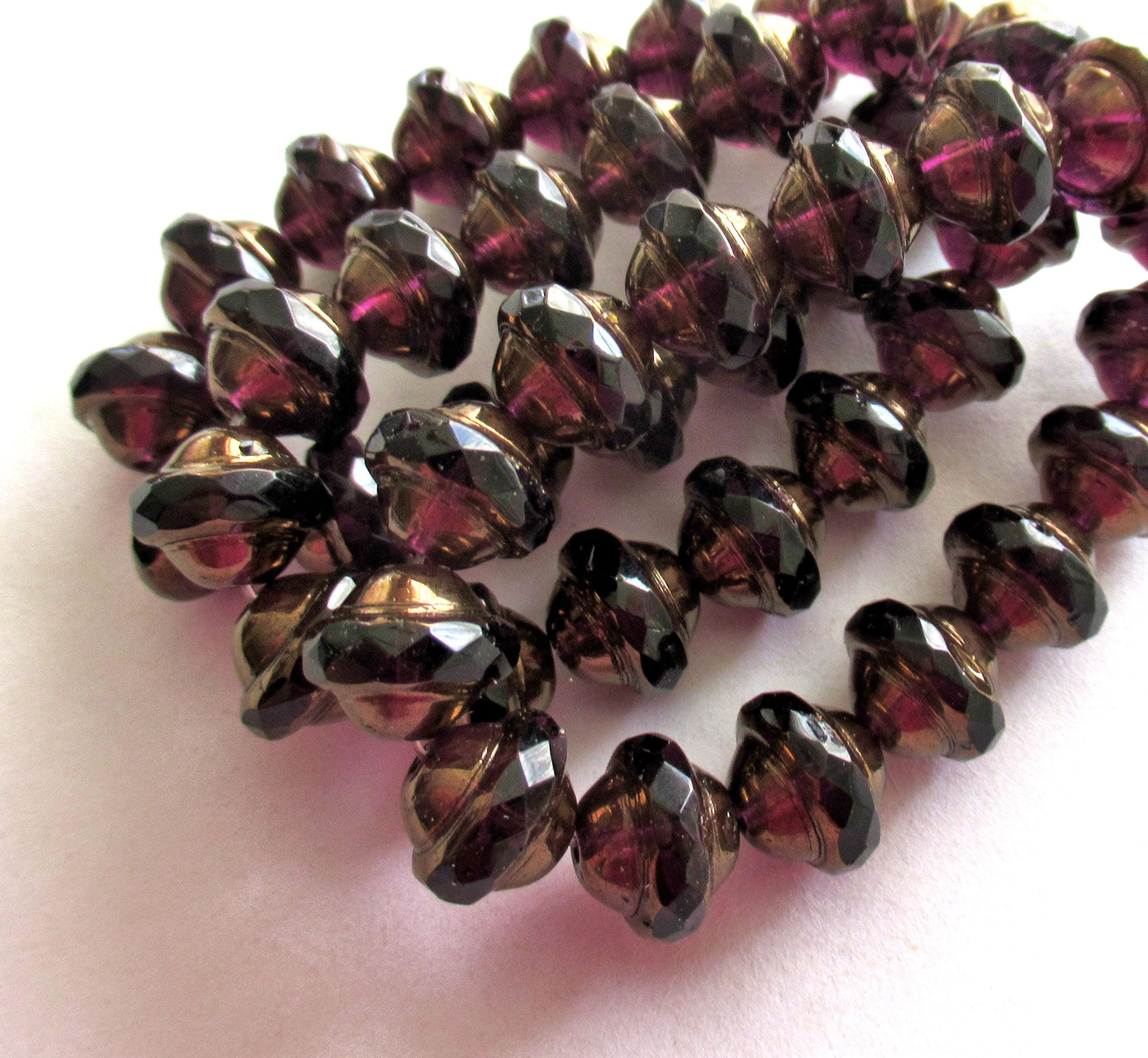 15 Czech glass saturn beads - 8 x 10mm transparent eggplant purple / amethyst - faceted saucer beads with bronze picasso accents C00102
