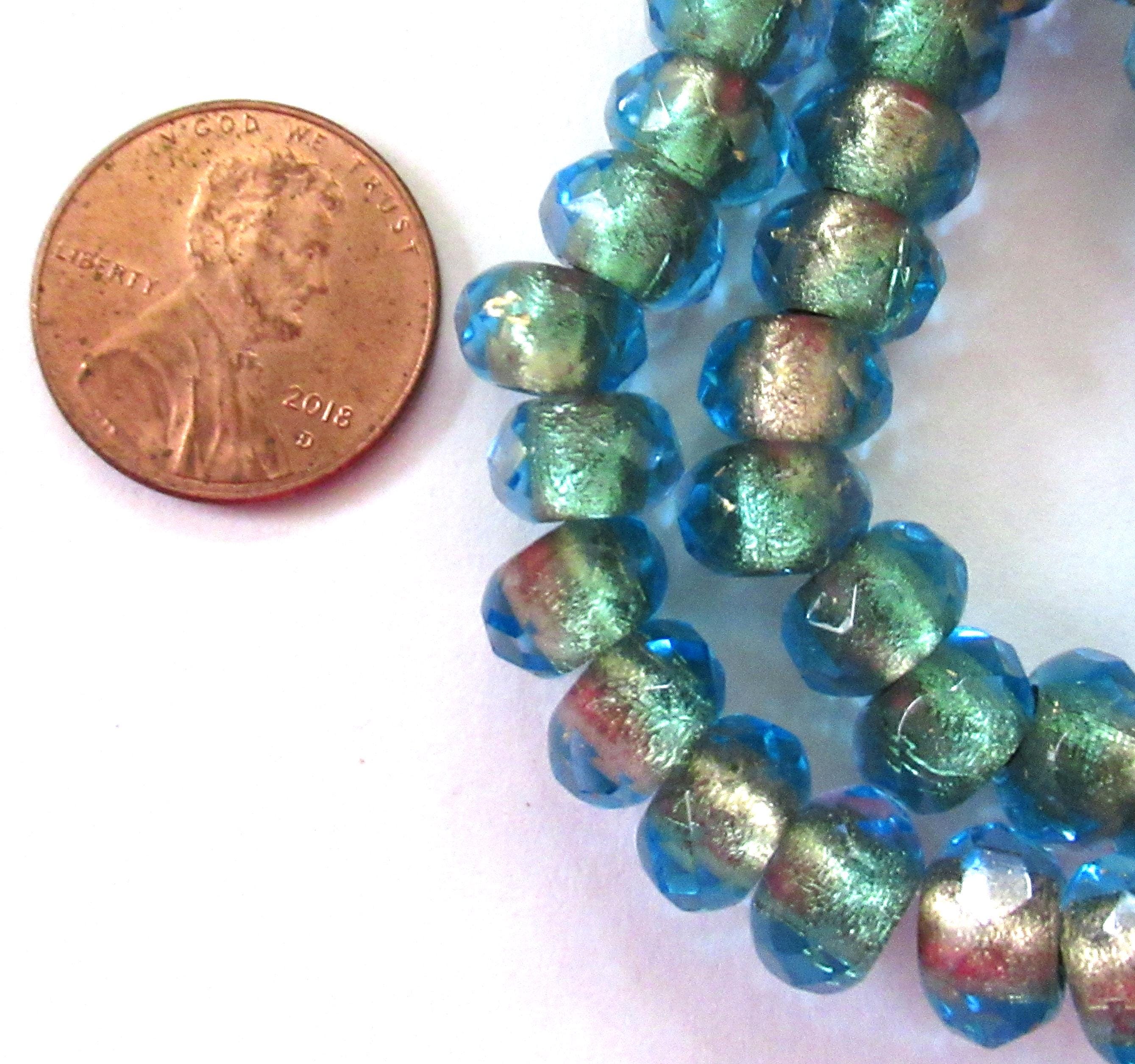 Ten faceted Czech glass roller or rondelle beads - blue gold lined - 9 x 6mm - big 3mm holes - big hole donut beads 00911