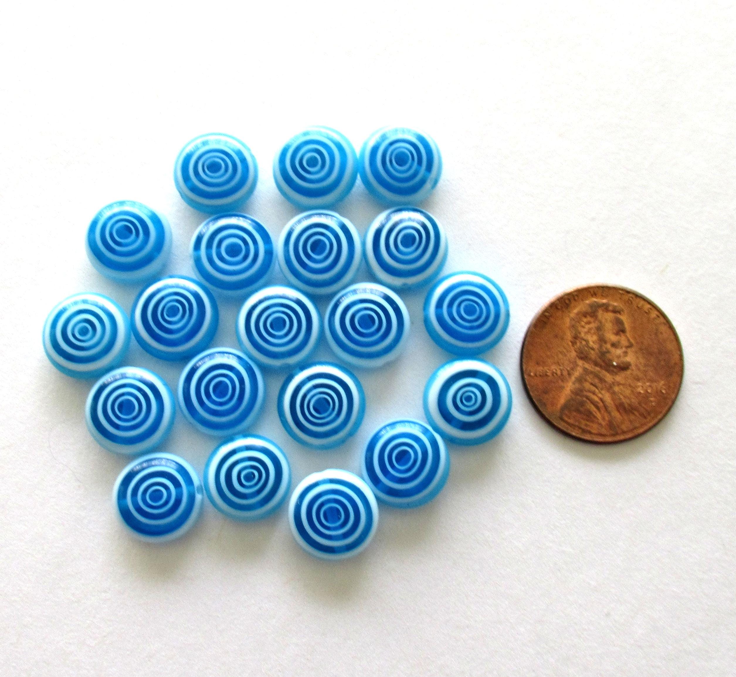 Ten 10mm glass coin beads - aqua blue and white disc beads - target or concentric circles beads - C0001