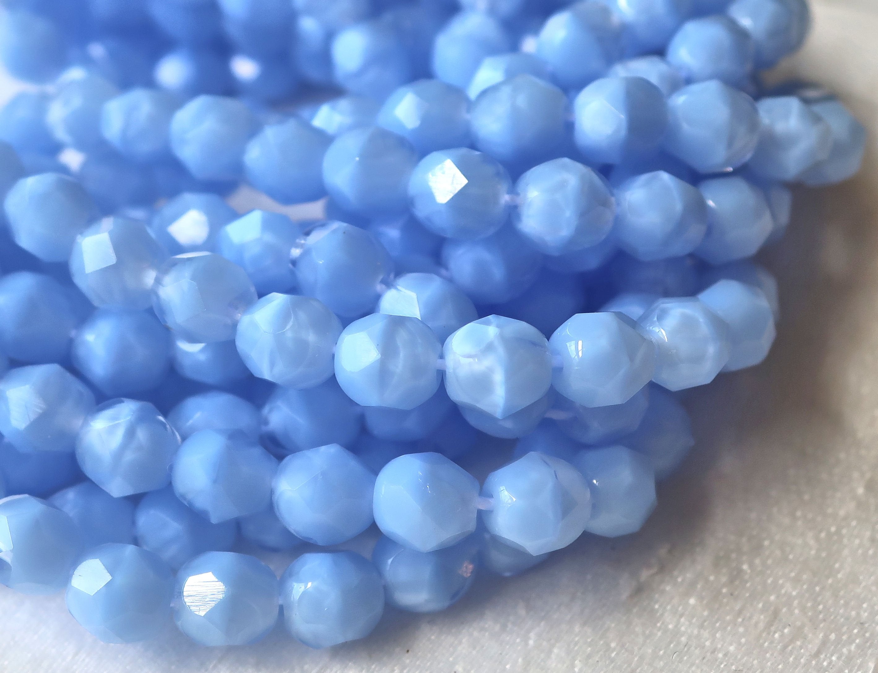 25 6mm Czech glass beads, marbled opaque and transparent light coral blue fire polished faceted round beads C7425