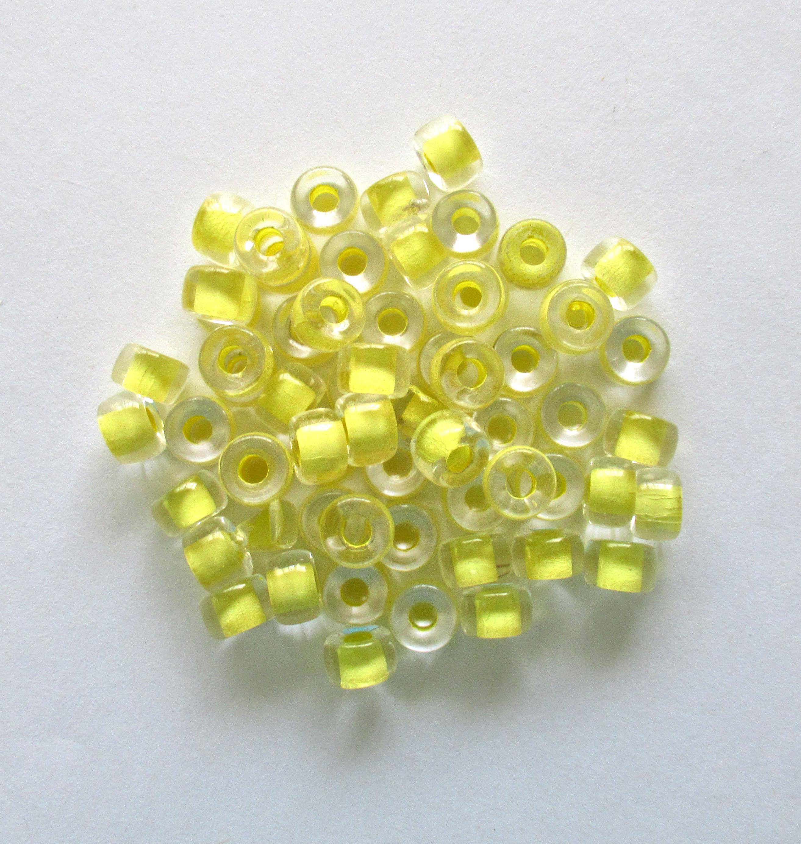 25 9mm Czech glass pony beads - crystal clear yellow lined roller beads - large hole crow beads - C4750