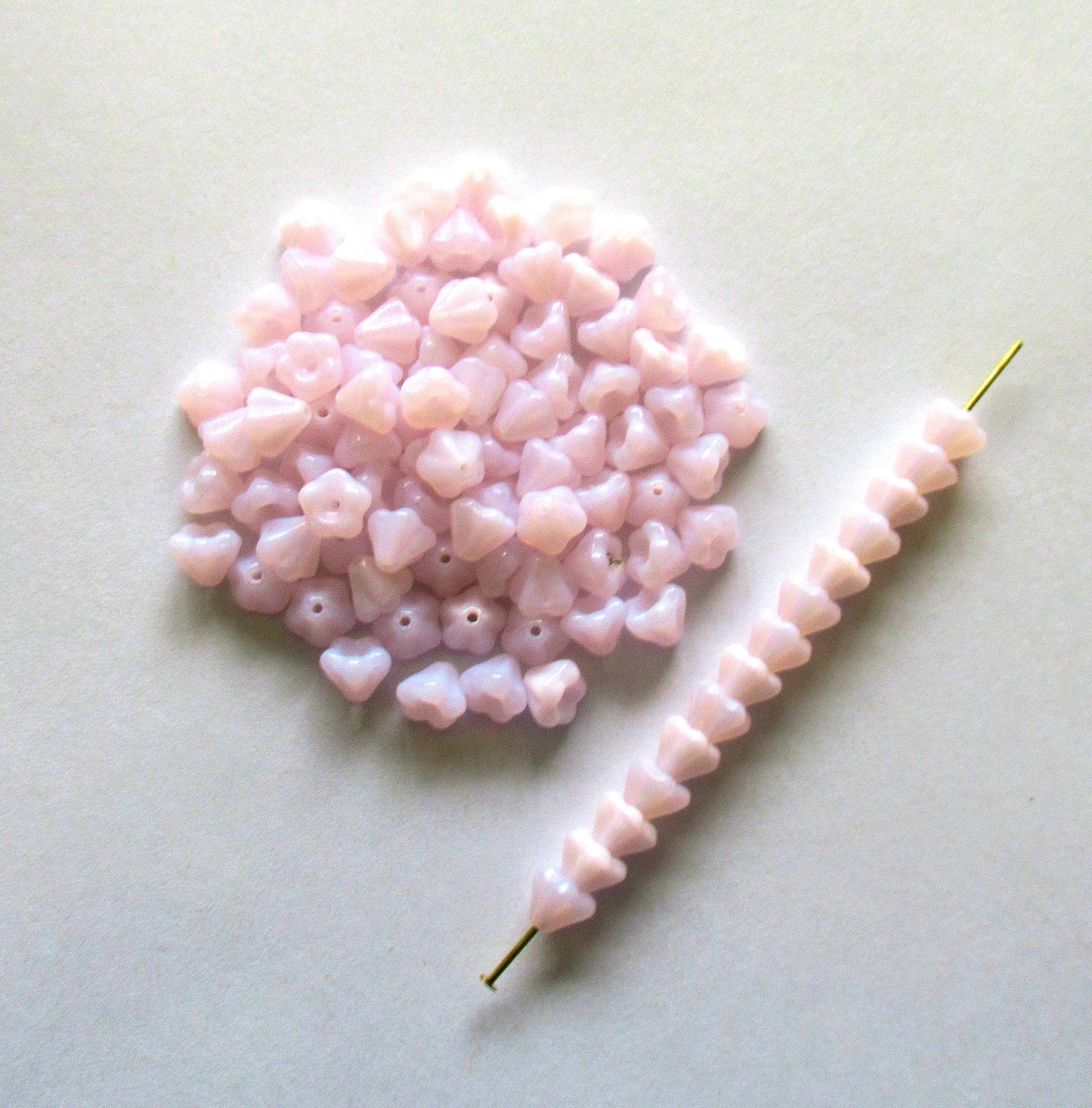 50 Czech glass baby Bell Flower beads - 4 x 6mm - translucent light alabaster pink pressed glass beads - C0059