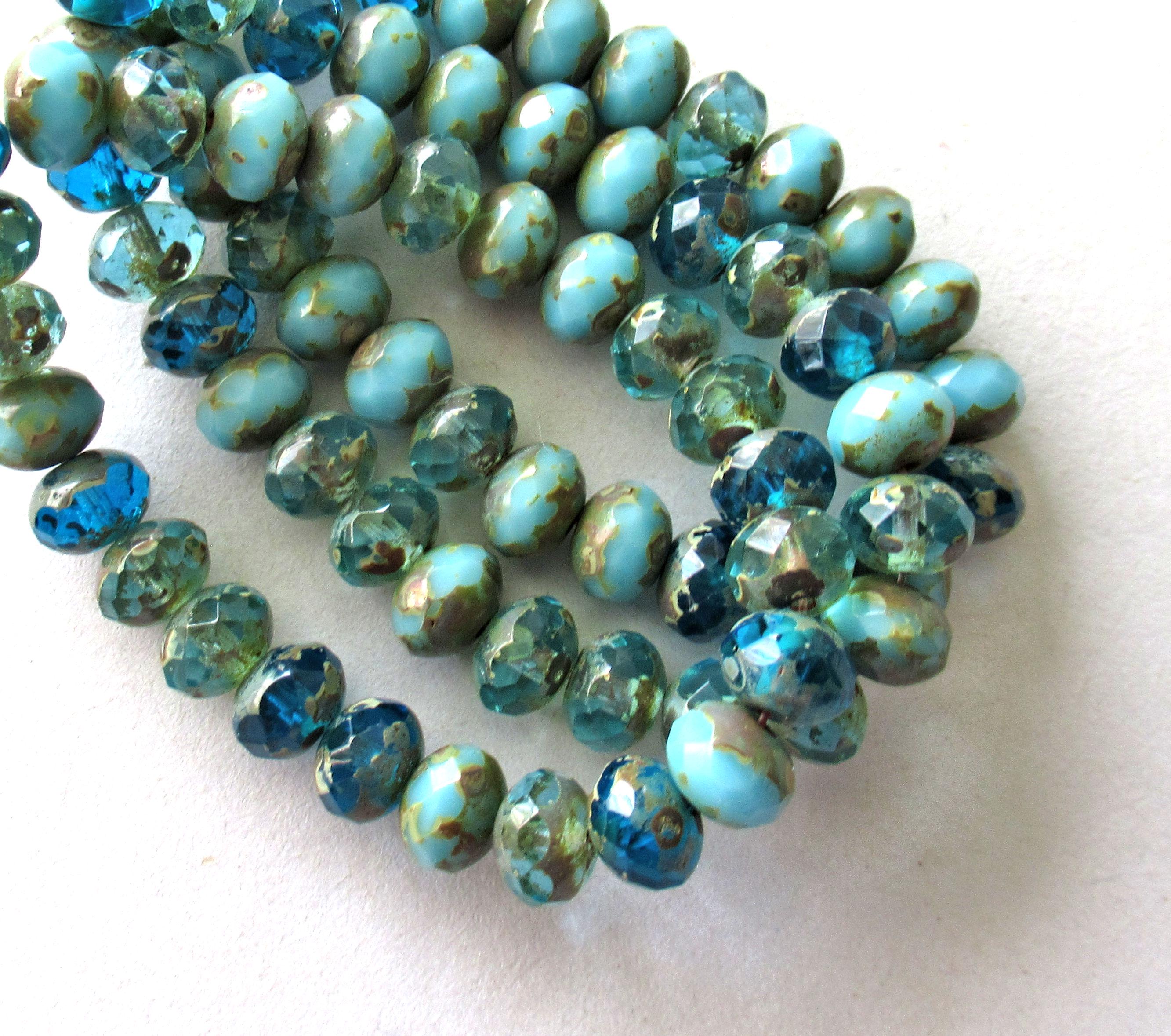 25 Czech glass puffy rondelle or donut beads - 5 x 7mm transparent & opaque blue mix picasso beads - fire polished faceted beads 00181