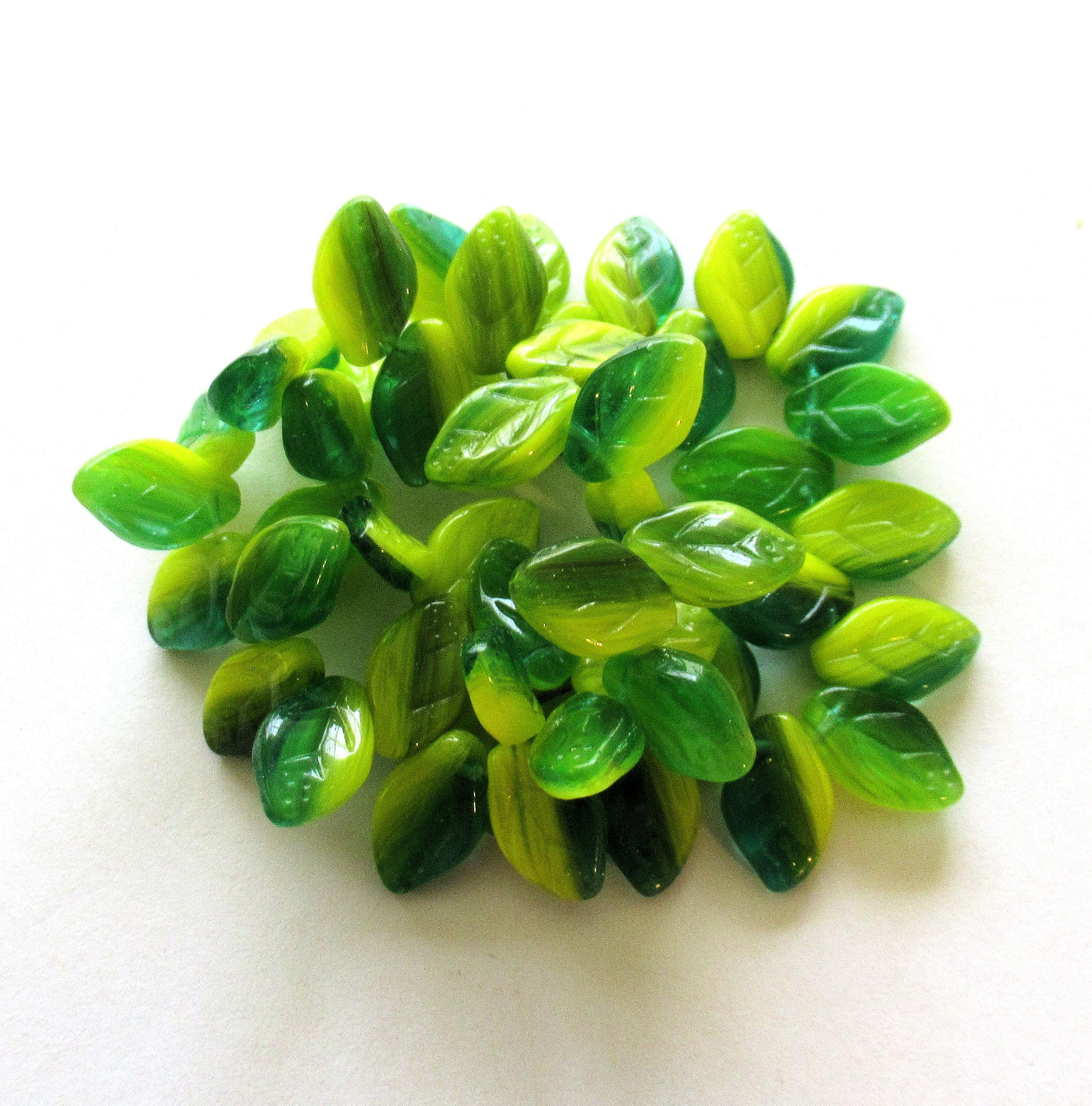 25 Czech glass leaf beads bright -green & yellow marbled mix - 12 x 8mm - side drilled leaves - C00501