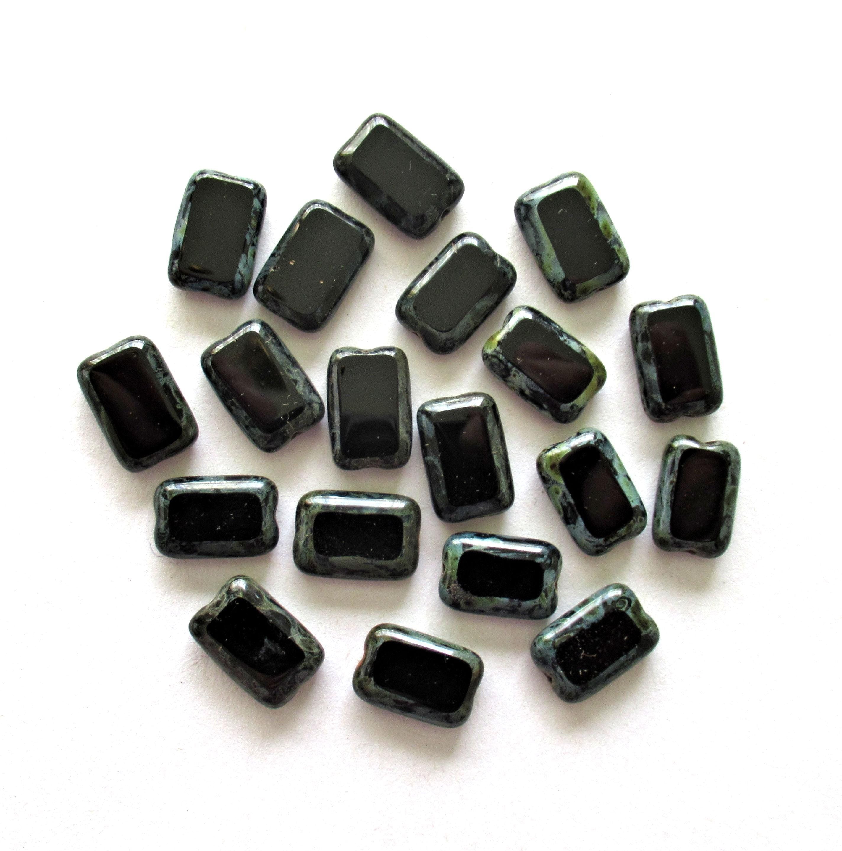 Black rectangle beads - opaque Czech glass beads with a picasso finish - 12 x 8mm - table cut rectangular beads - 24 pieces - C00101