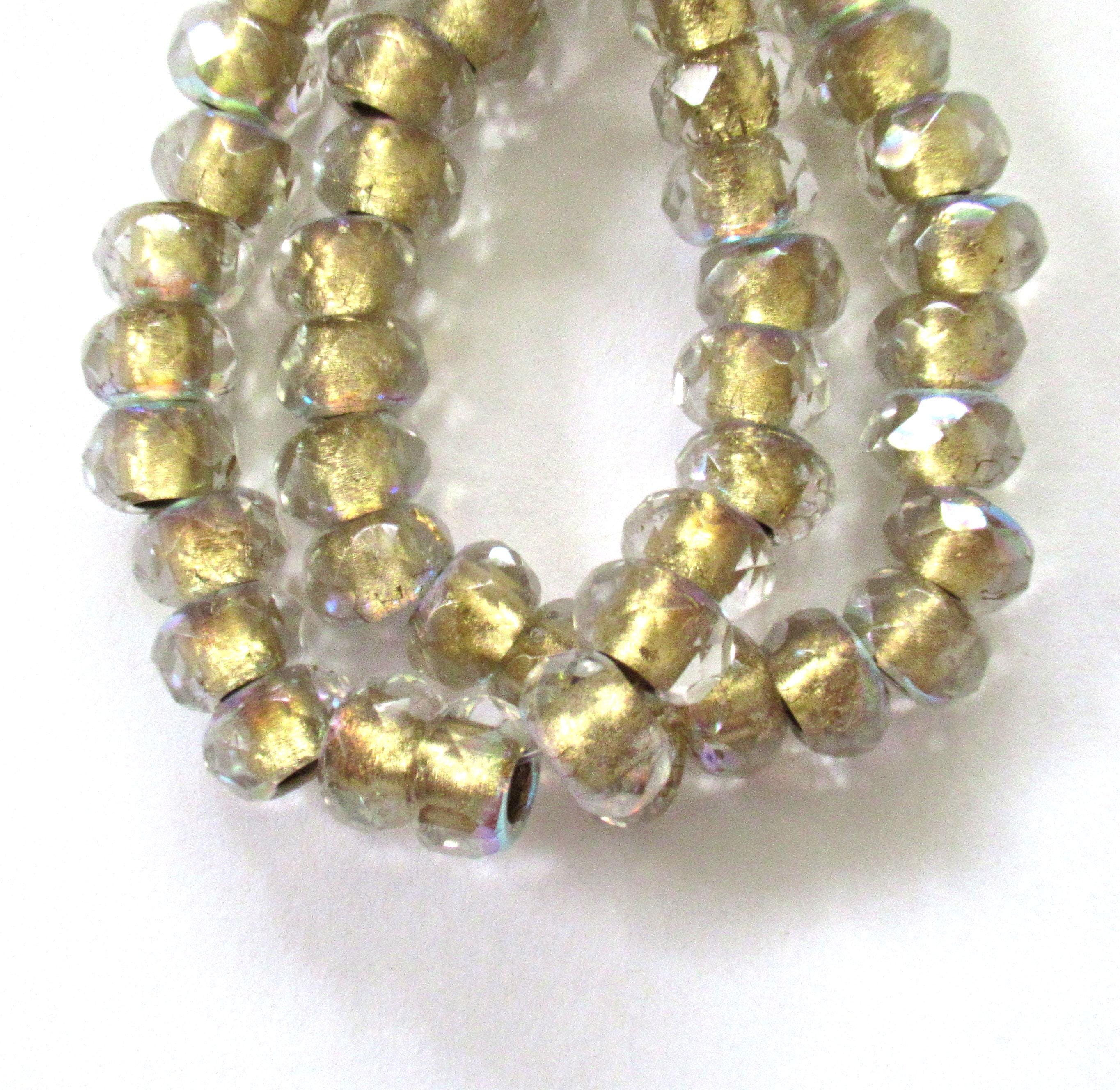 Ten Czech glass faceted roller beads - 9 x 6mm - crystal clear ab gold lined beads - tyre beads - big 3mm big hole beads C00011