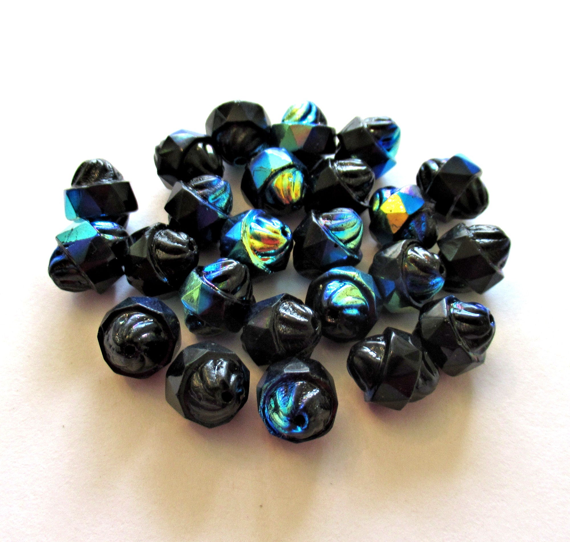 Ten Czech glass turbine beads - 11 x 10mm opaque jet black ab - faceted, fire polished saturn beads - C0008