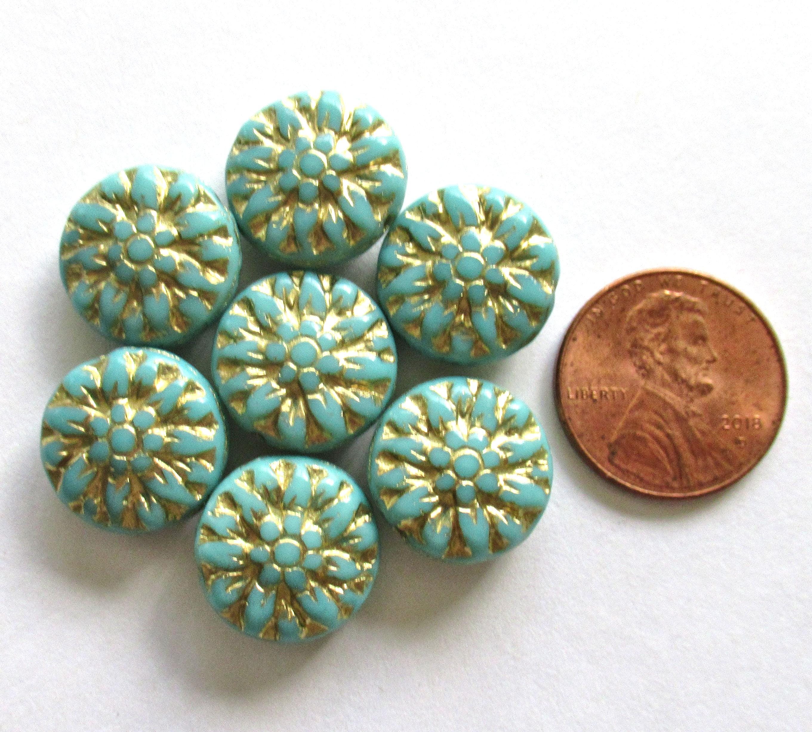 Six 14mm Czech glass Dahlia flower beads - light turquoise blue green w/ gold wash - floral puffy disc coin or pillow beads C00021