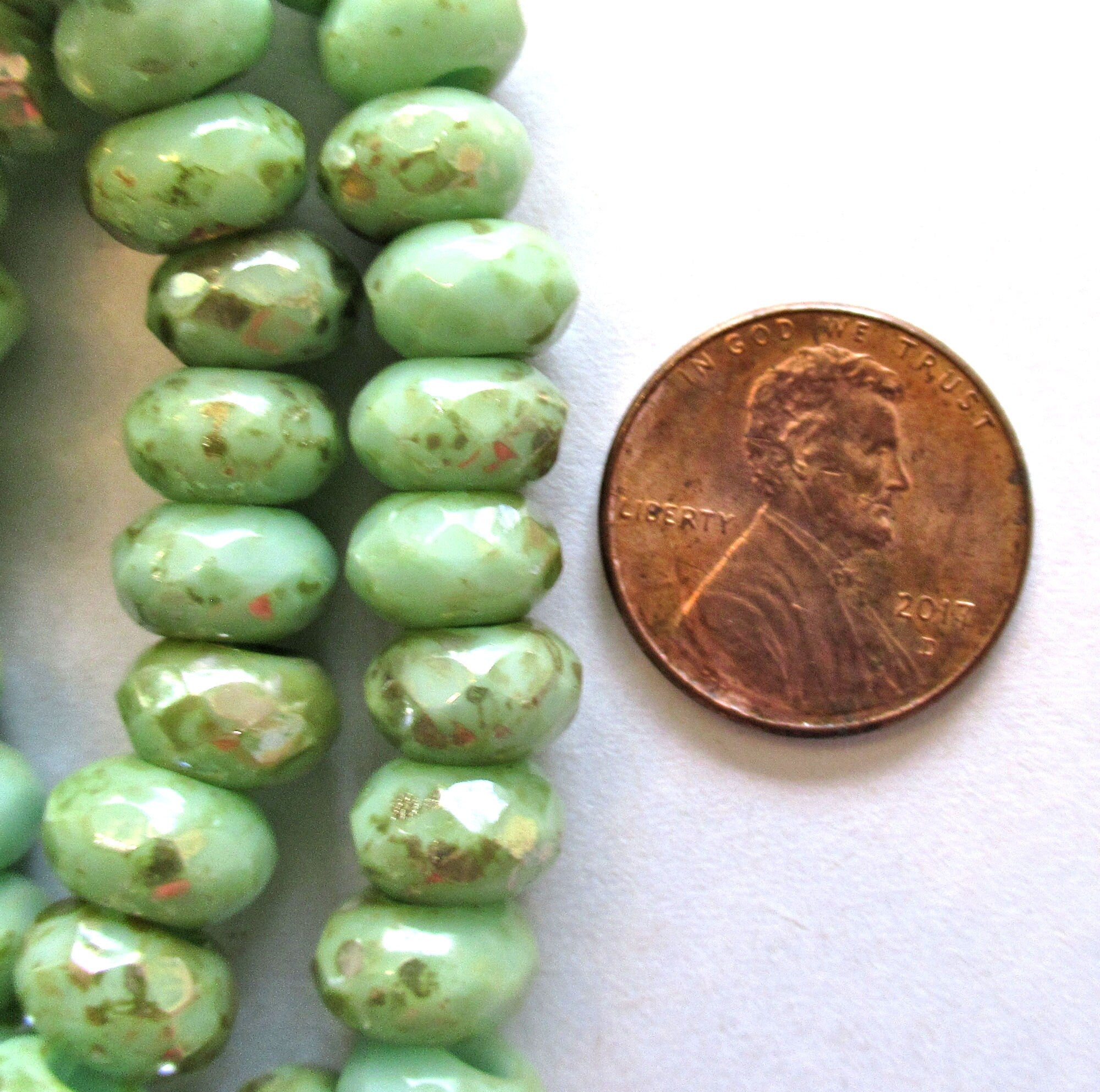 Ten Czech glass faceted roller or rondelle beads - opaque mint green w/gold picasso finish - 86 x 9mm big 3.5mm hole tyre beads 000711