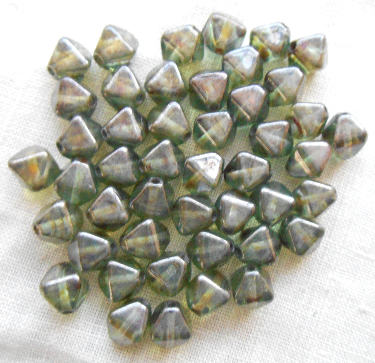 50 6mm iridescent Lumi Green bicone pressed glass Czech beads, earthy, rustic beads C0750