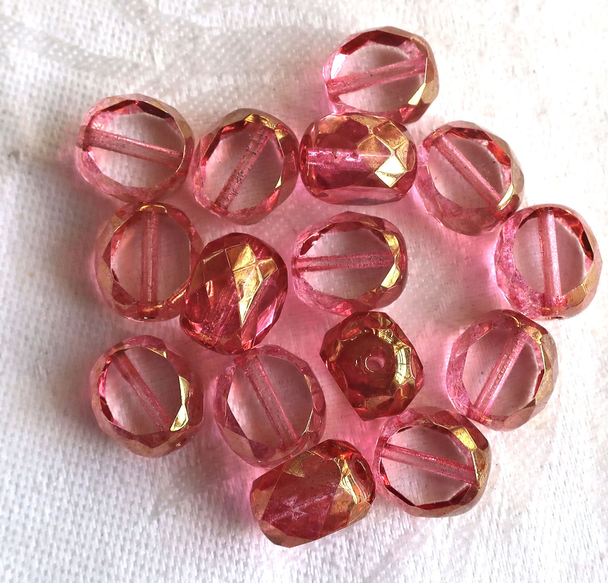 Five 12mm round, dual faceted. table cut Czech glass beads, pink & gold picasso window beads, chunky statement , focal beads 611101